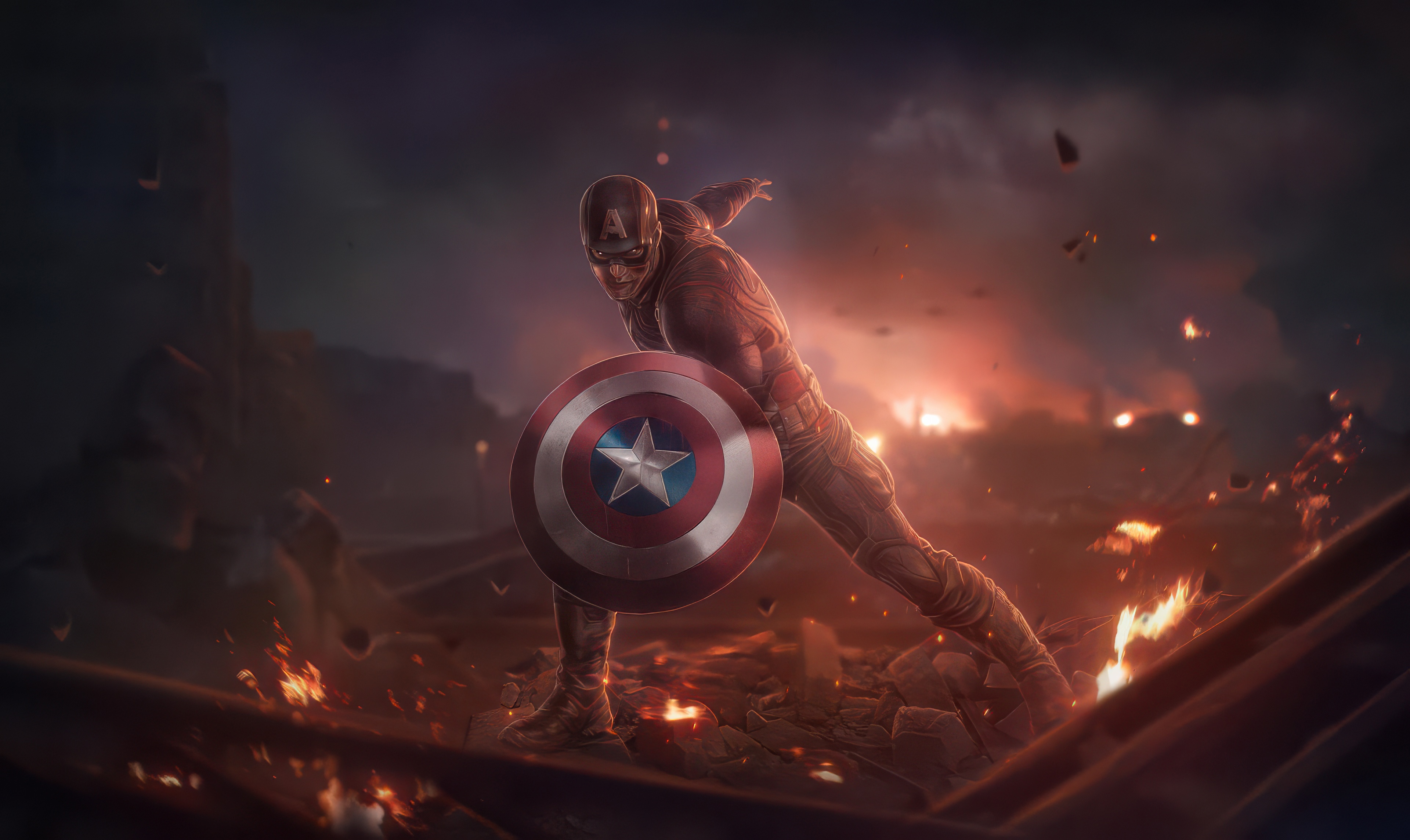 Captain America in a fiery battlefield HD Wallpaper