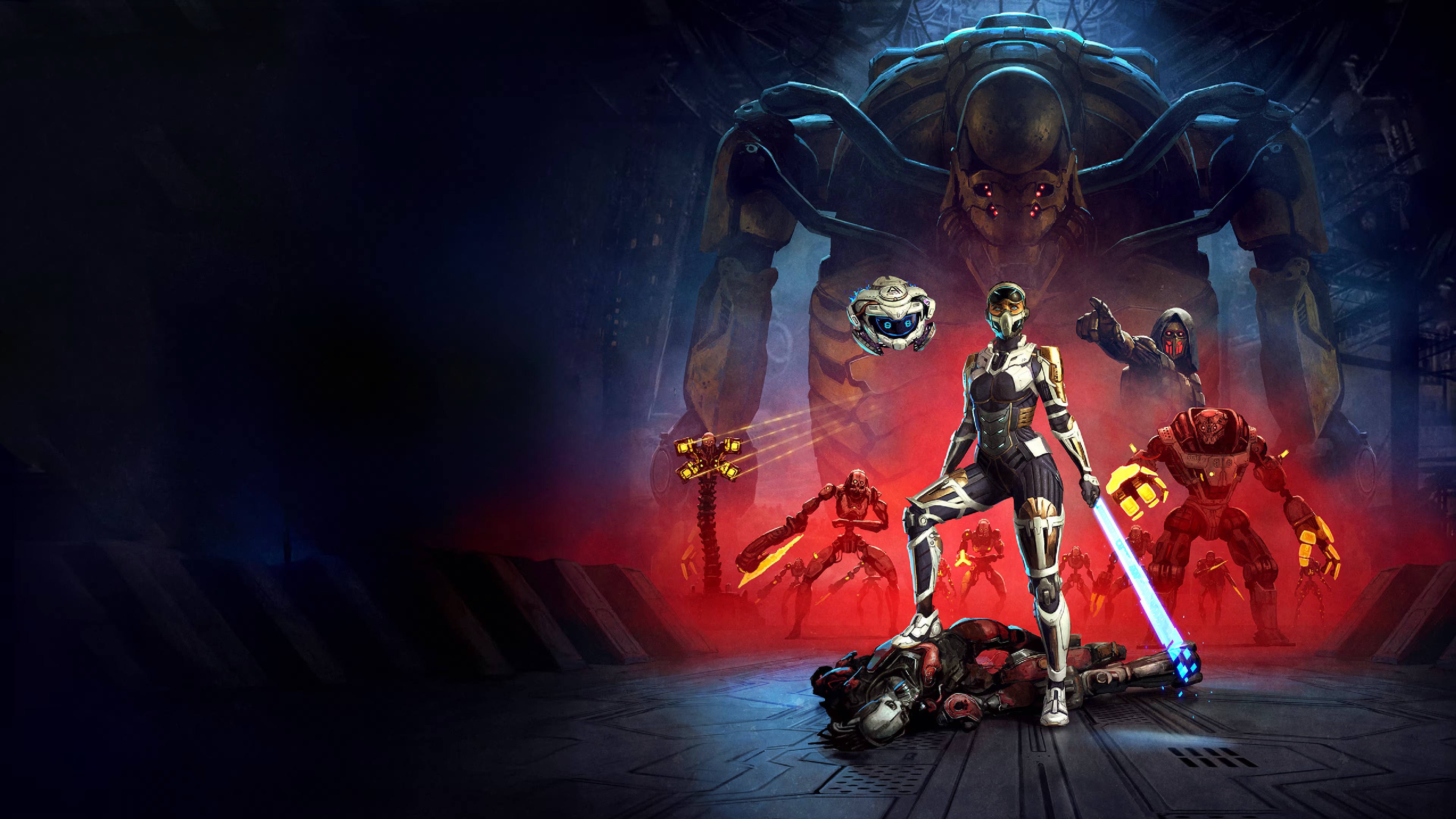 Steel Seed characters with giant robot and smaller robots HD Wallpaper