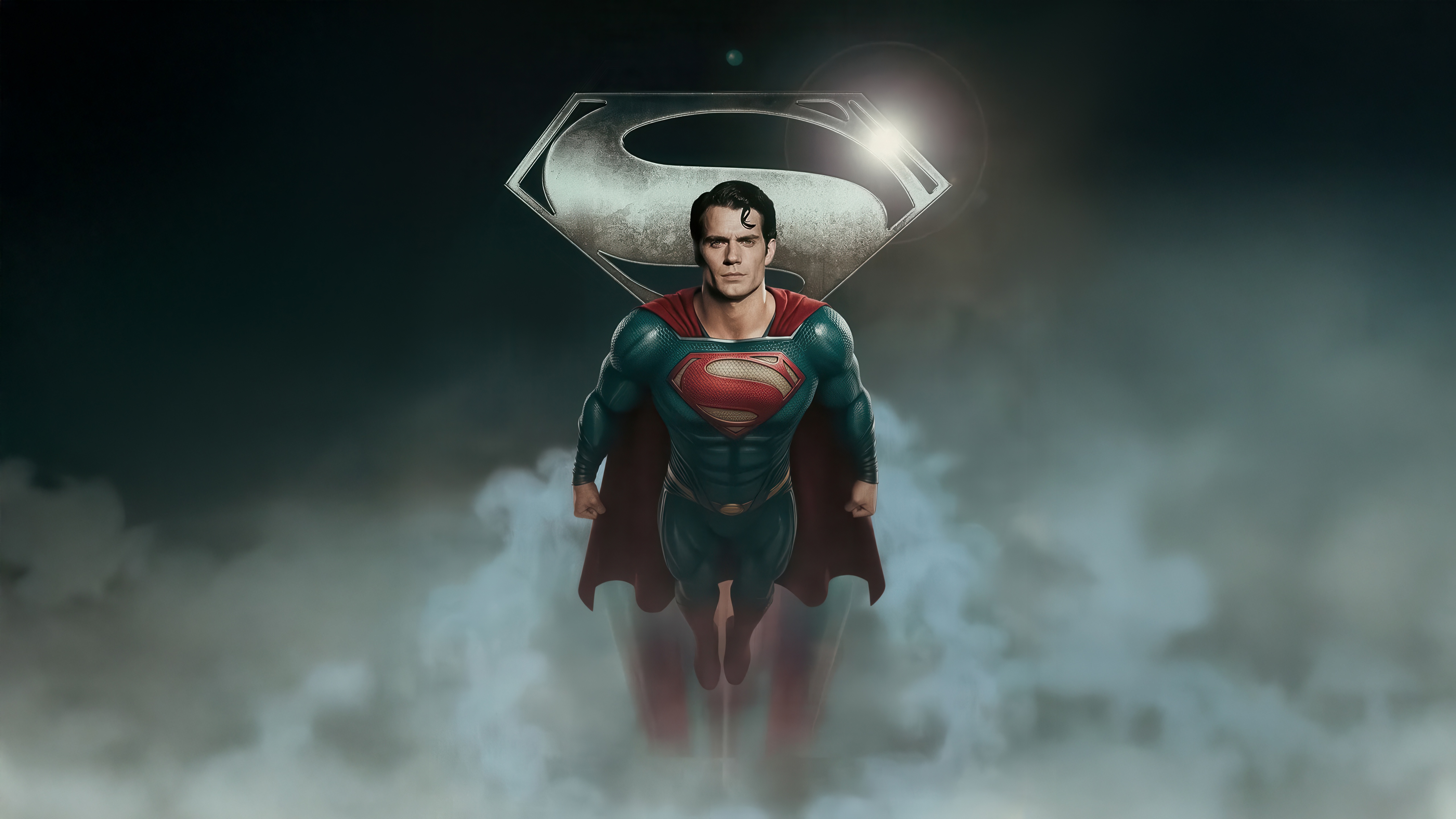 Superman flying with the S-shield logo HD Wallpaper