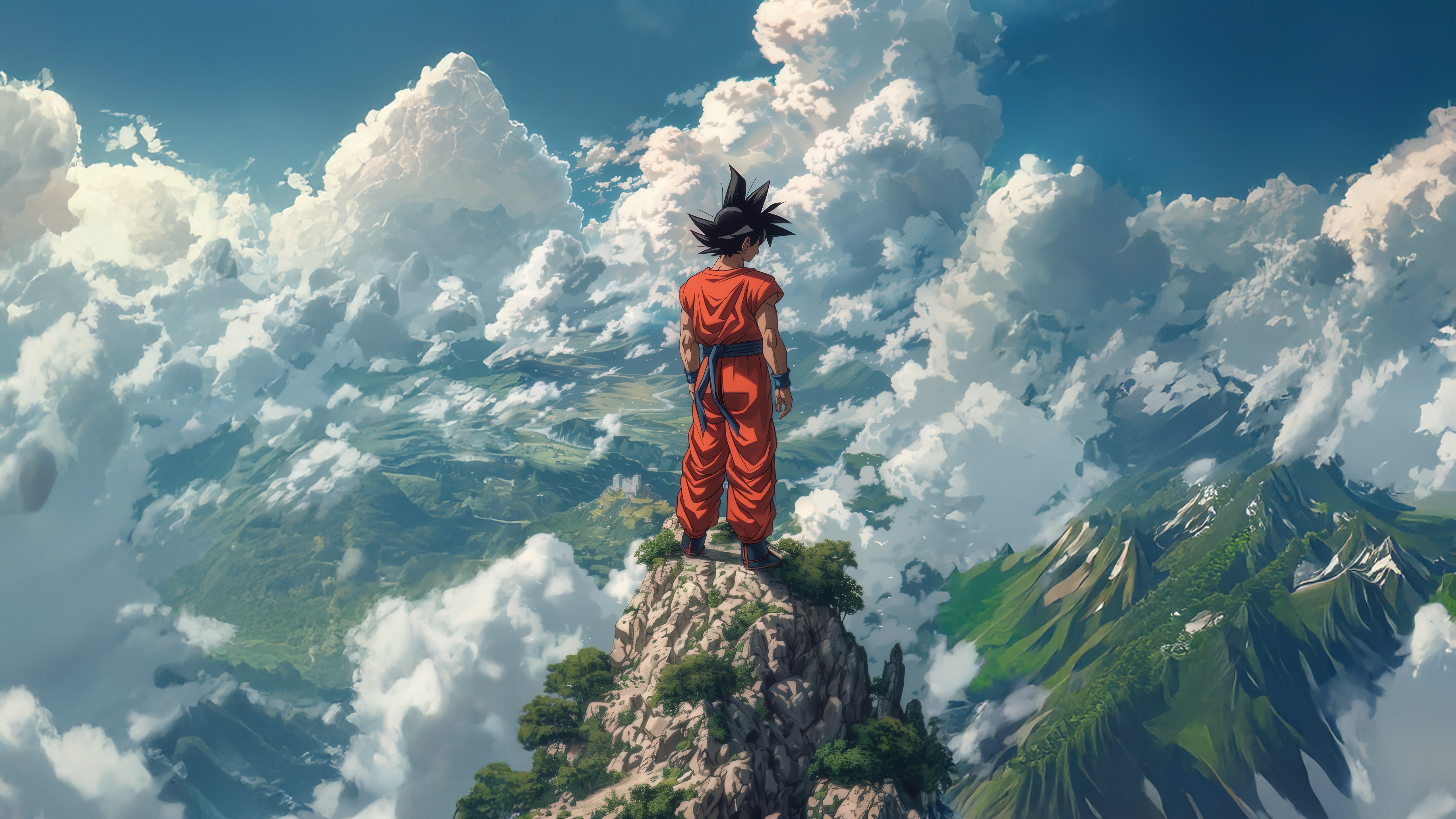 Goku on a mountain peak overlooking a landscape HD Wallpaper