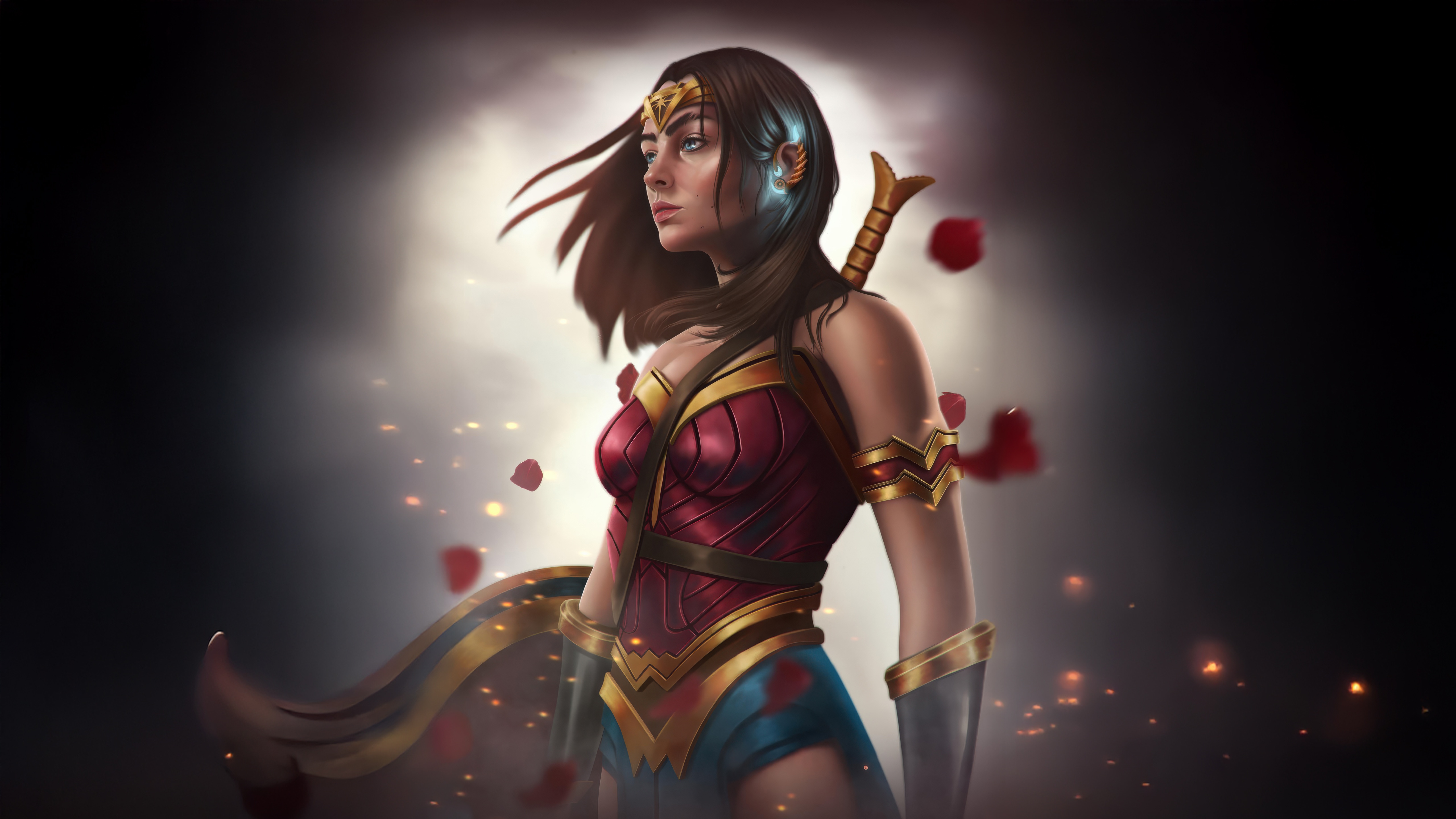 Wonder Woman in a dramatic pose with roses HD Wallpaper
