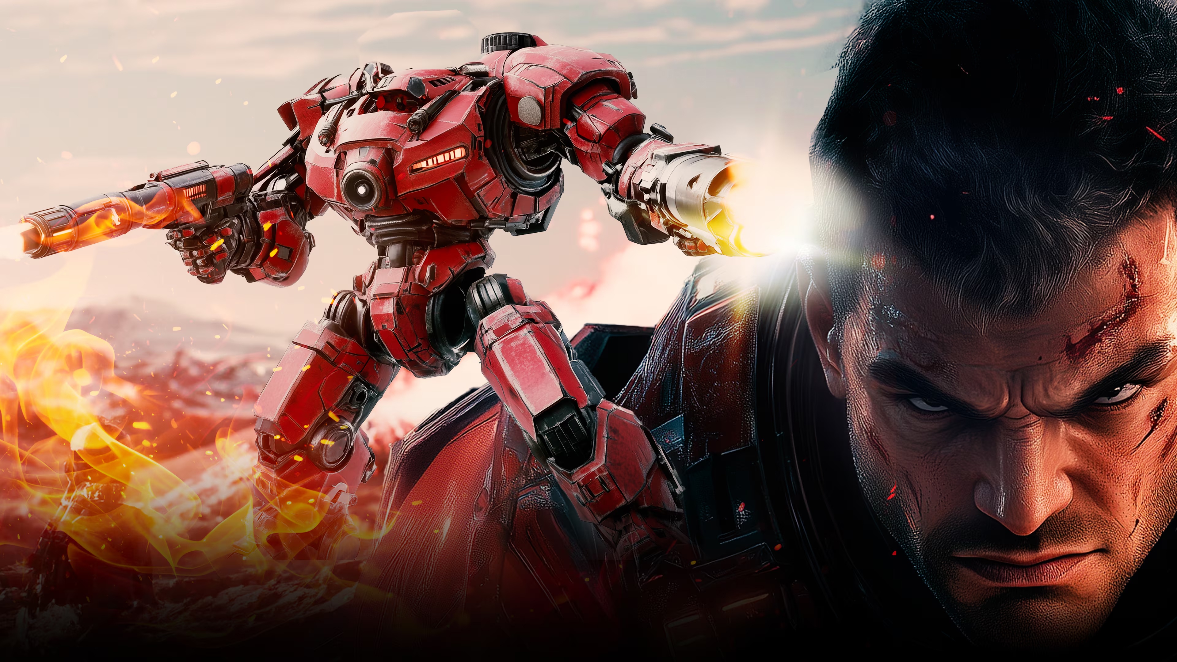 Red Mech Firing Weapon with Injured Man HD Wallpaper