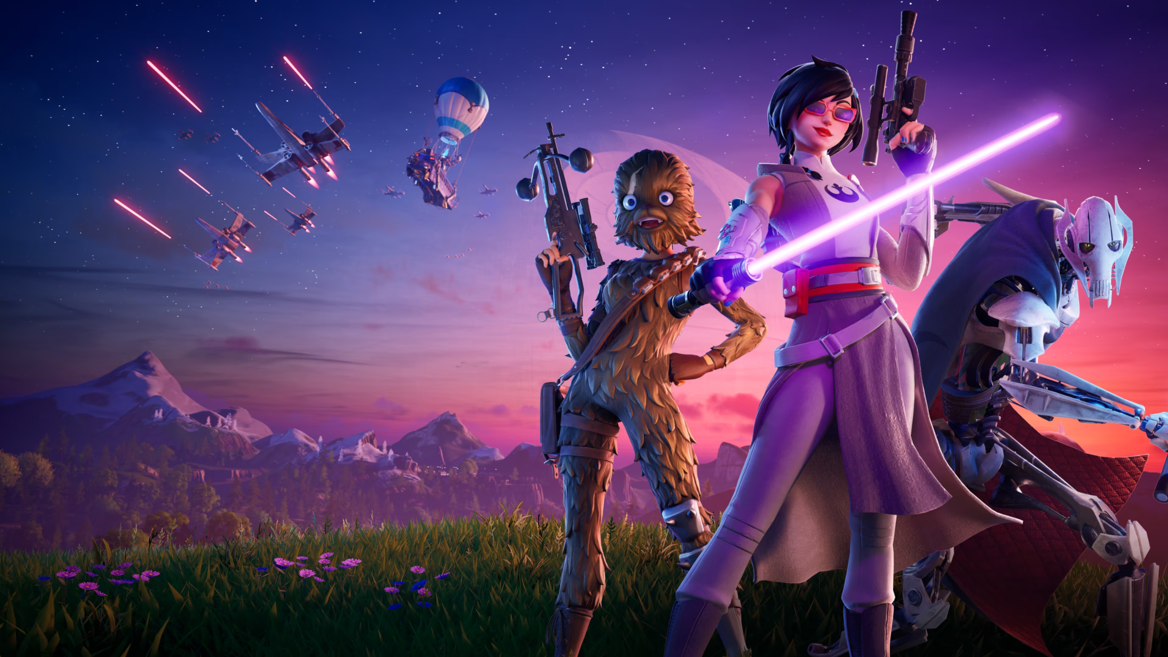 Fortnite Star Wars characters with lightsabers and blasters HD Wallpaper