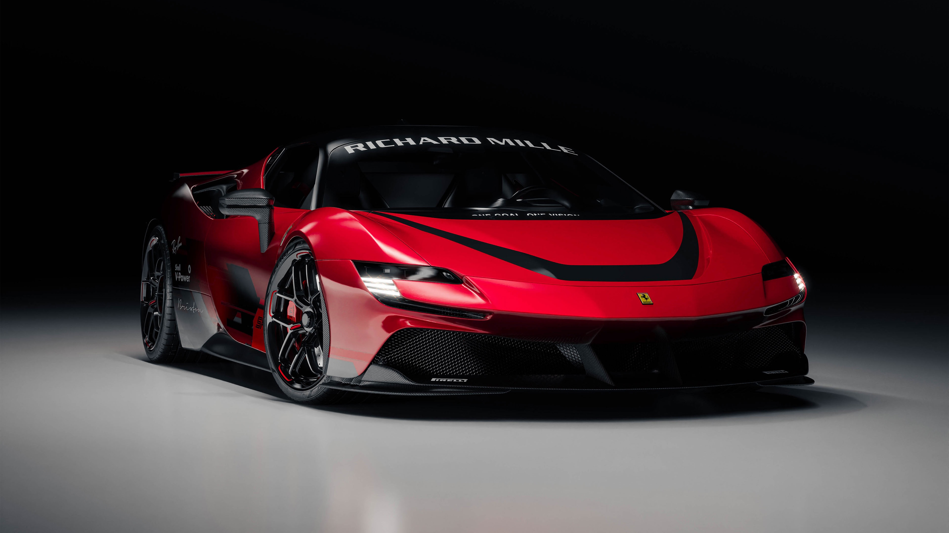 Red Ferrari SF90 Stradale with Richard Mille branding HD Wallpaper