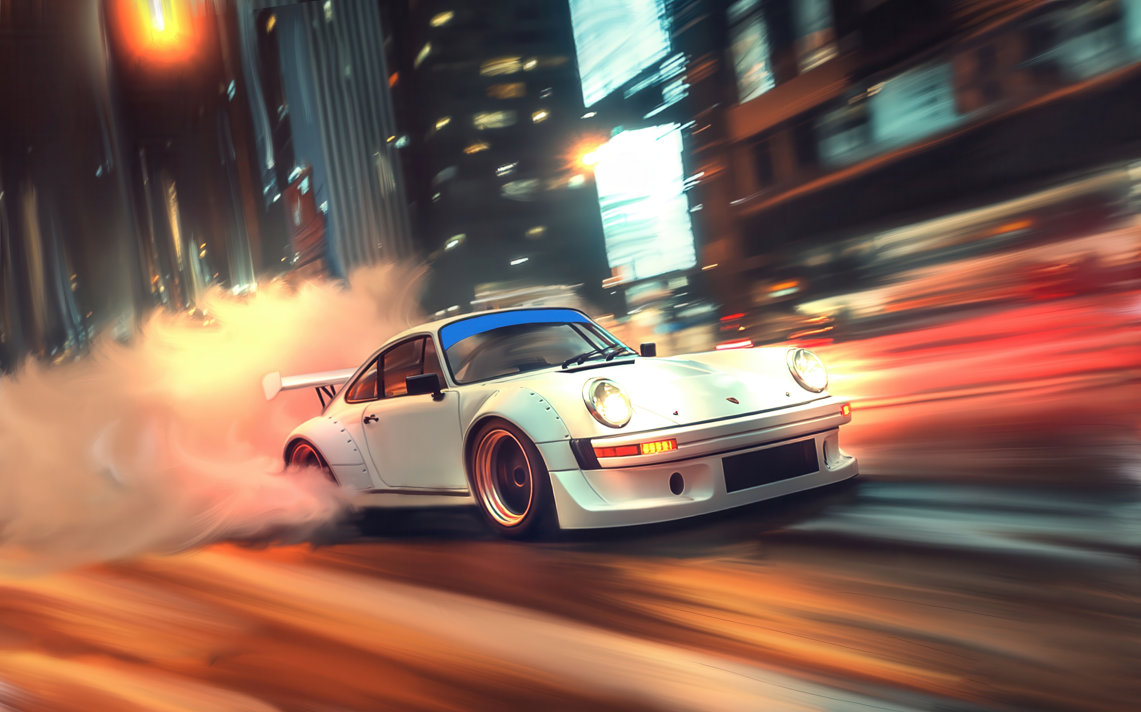 White Porsche drifting in a city at night HD Wallpaper