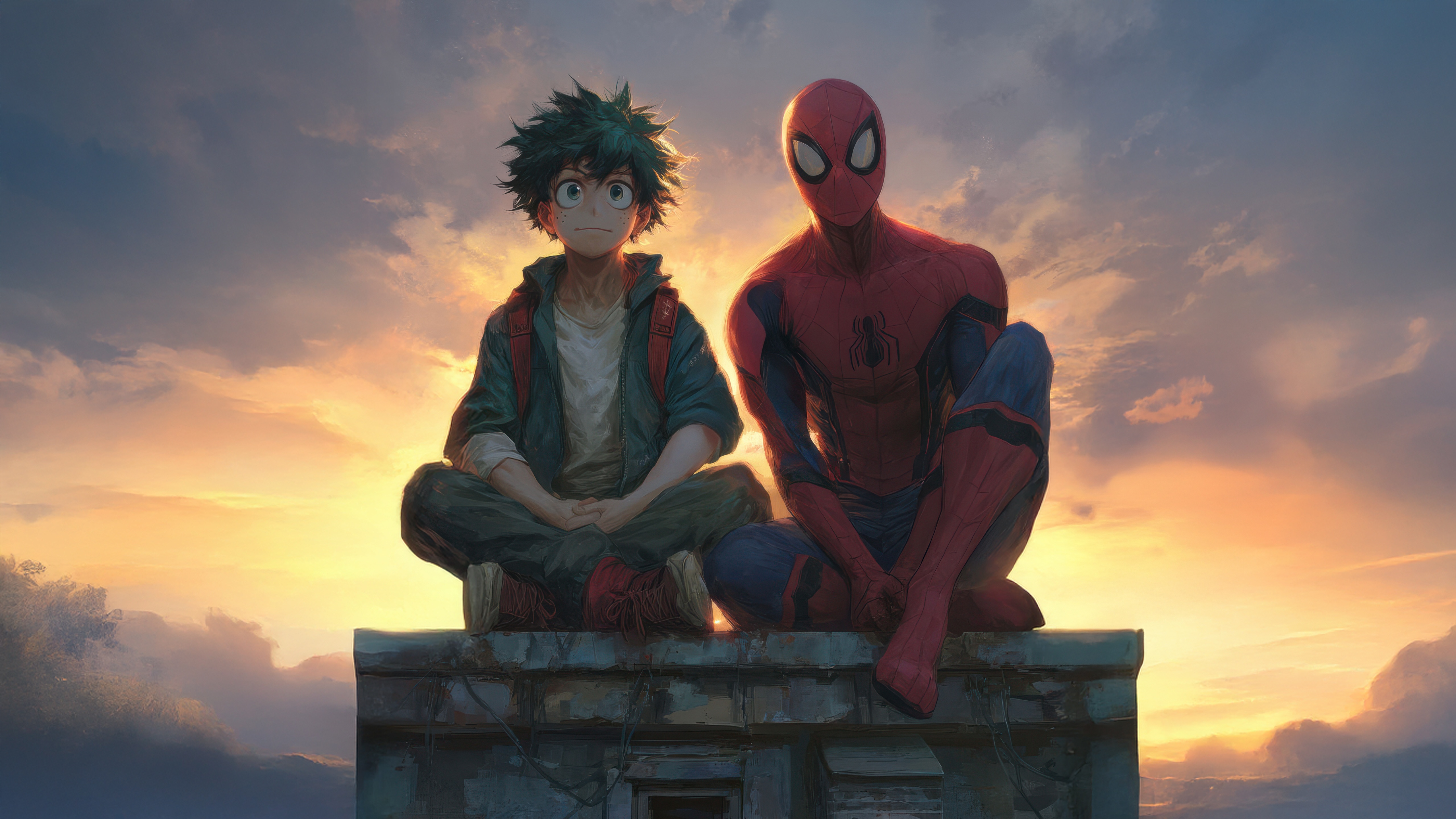 Izuku Midoriya and Spider-Man sitting on a rooftop at sunset HD Wallpaper