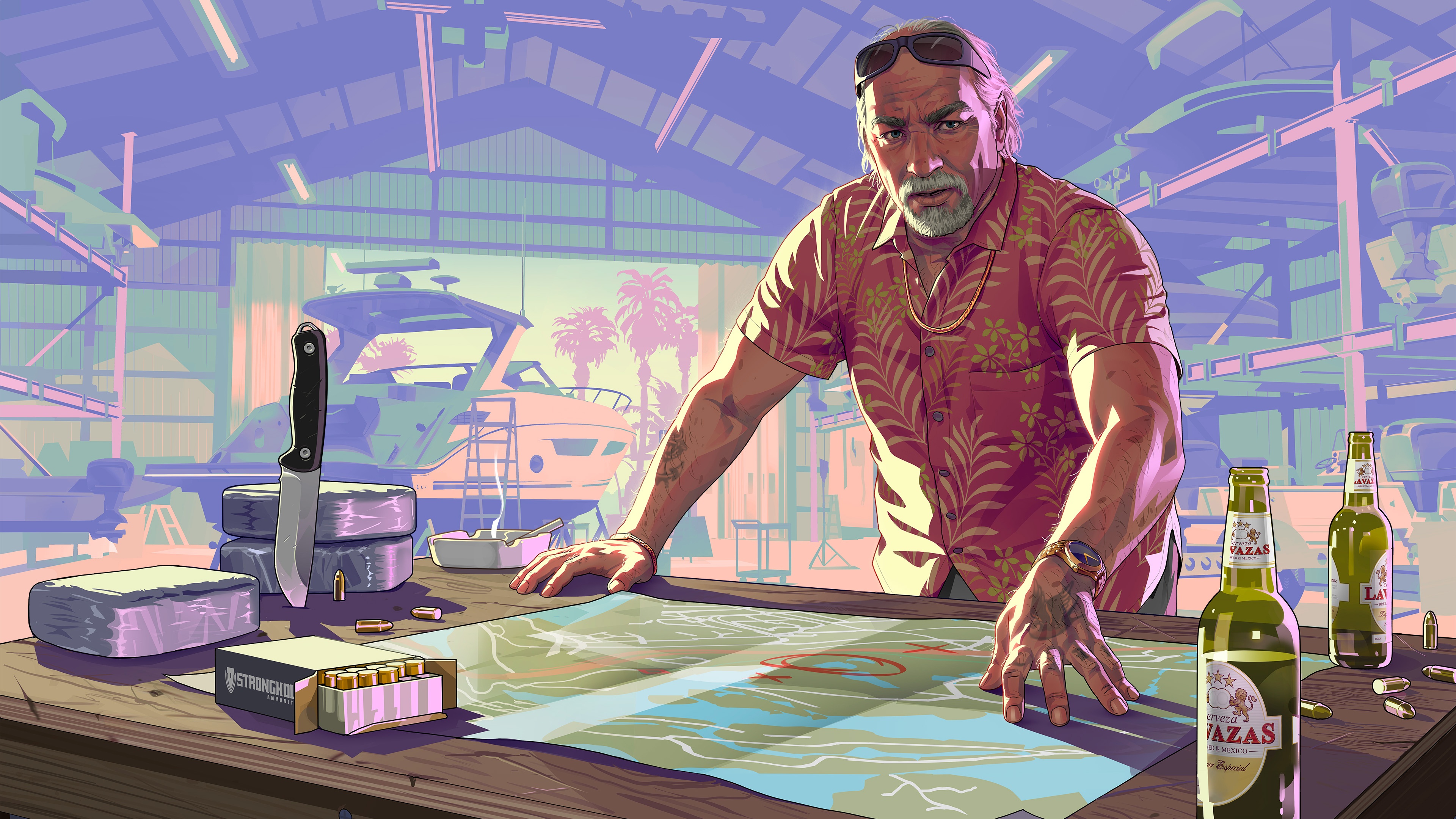 Trevor Philips in a garage with a map and weapons HD Wallpaper