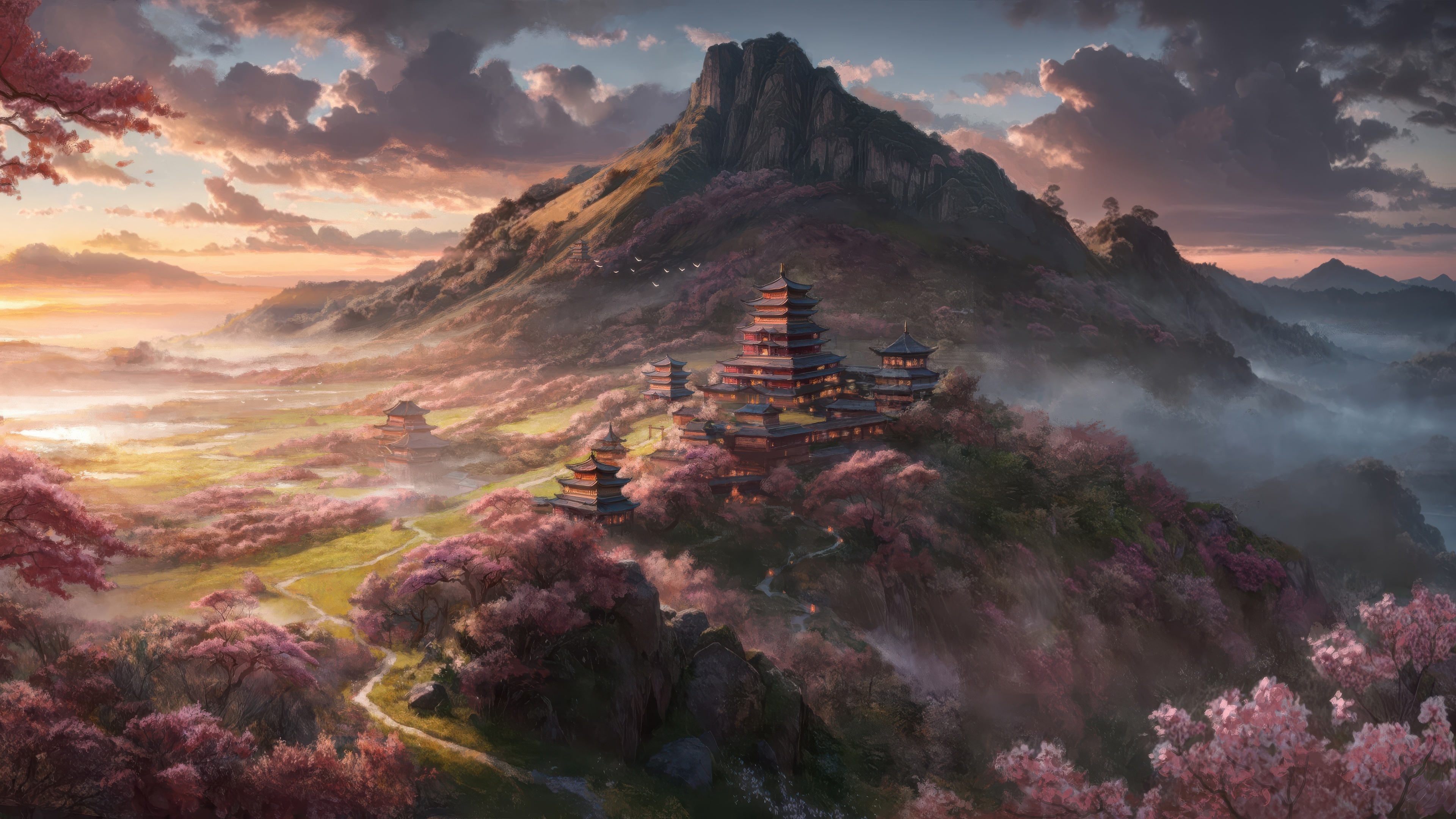 Chinese Temple in Mountains with Cherry Blossoms HD Wallpaper