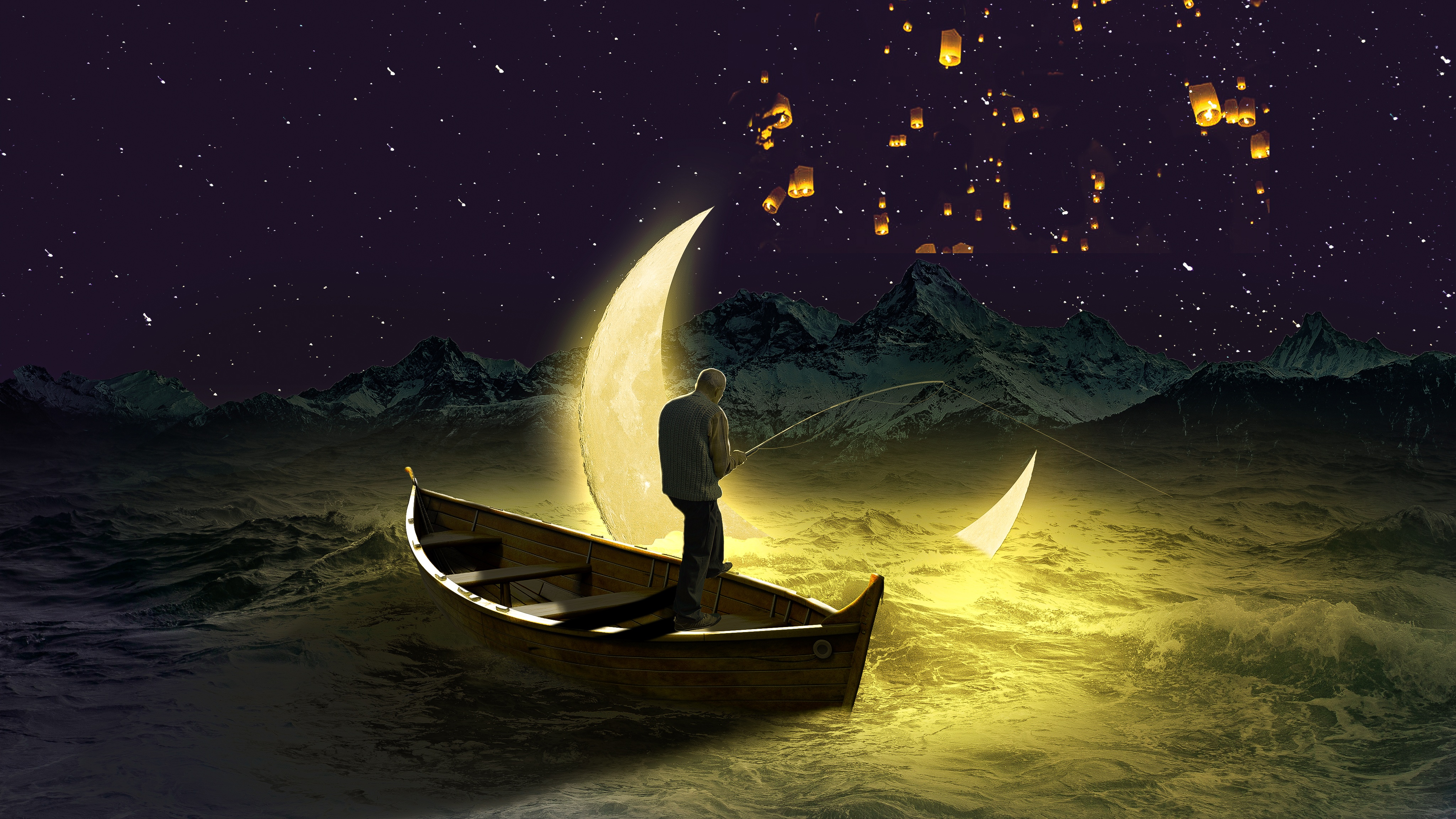 Man fishing in a boat under a crescent moon and sky lanterns HD Wallpaper