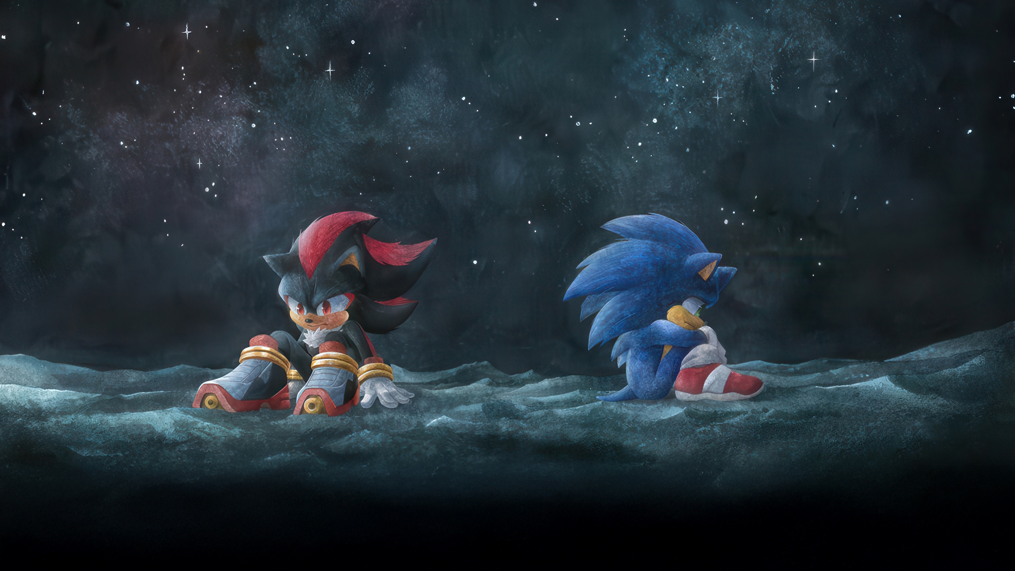 Sonic and Shadow sitting in a dark, starry environment HD Wallpaper