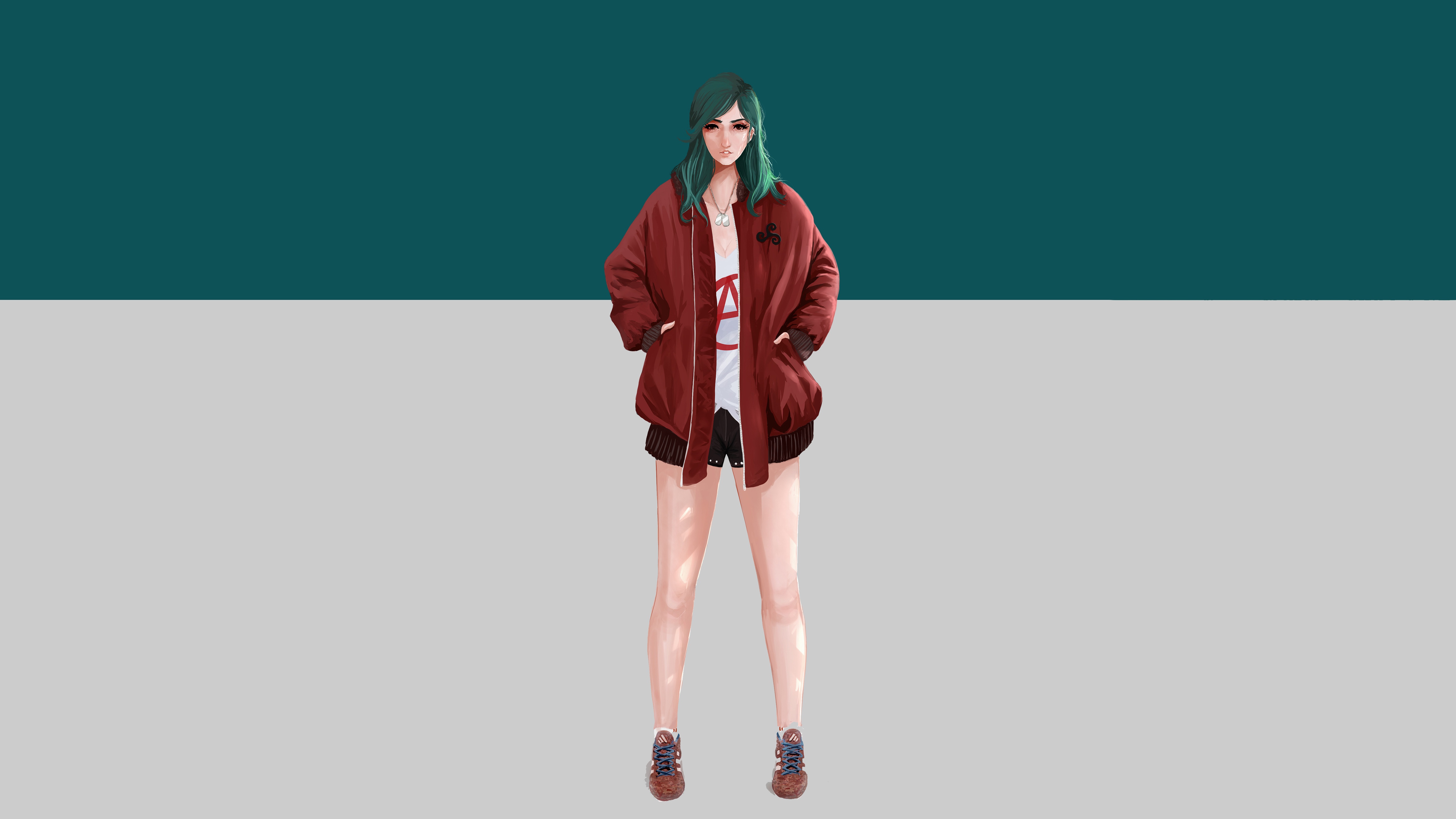 Girl in a red jacket and shorts HD Wallpaper