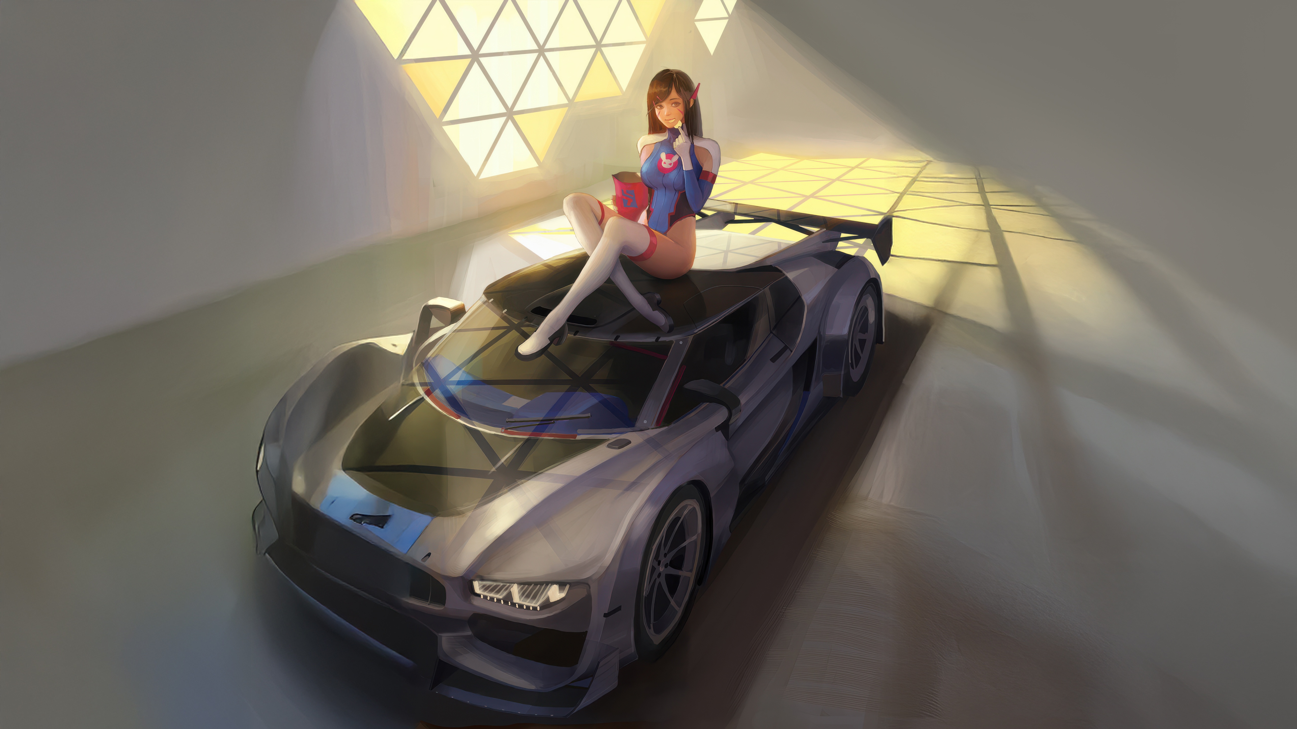 D.Va sitting on a sports car HD Wallpaper