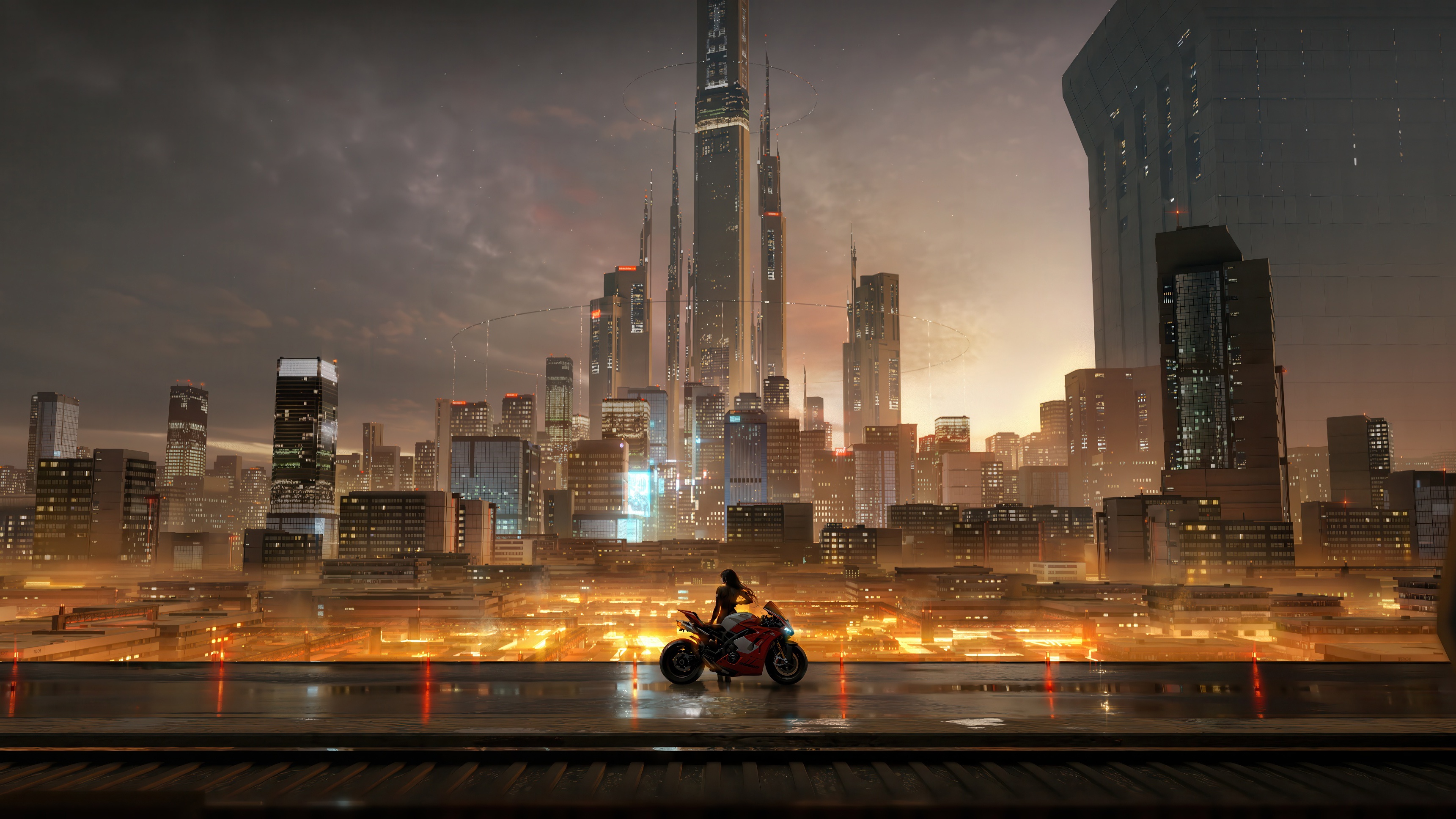 Sleek Rider in the Golden City at Midnight HD Wallpaper
