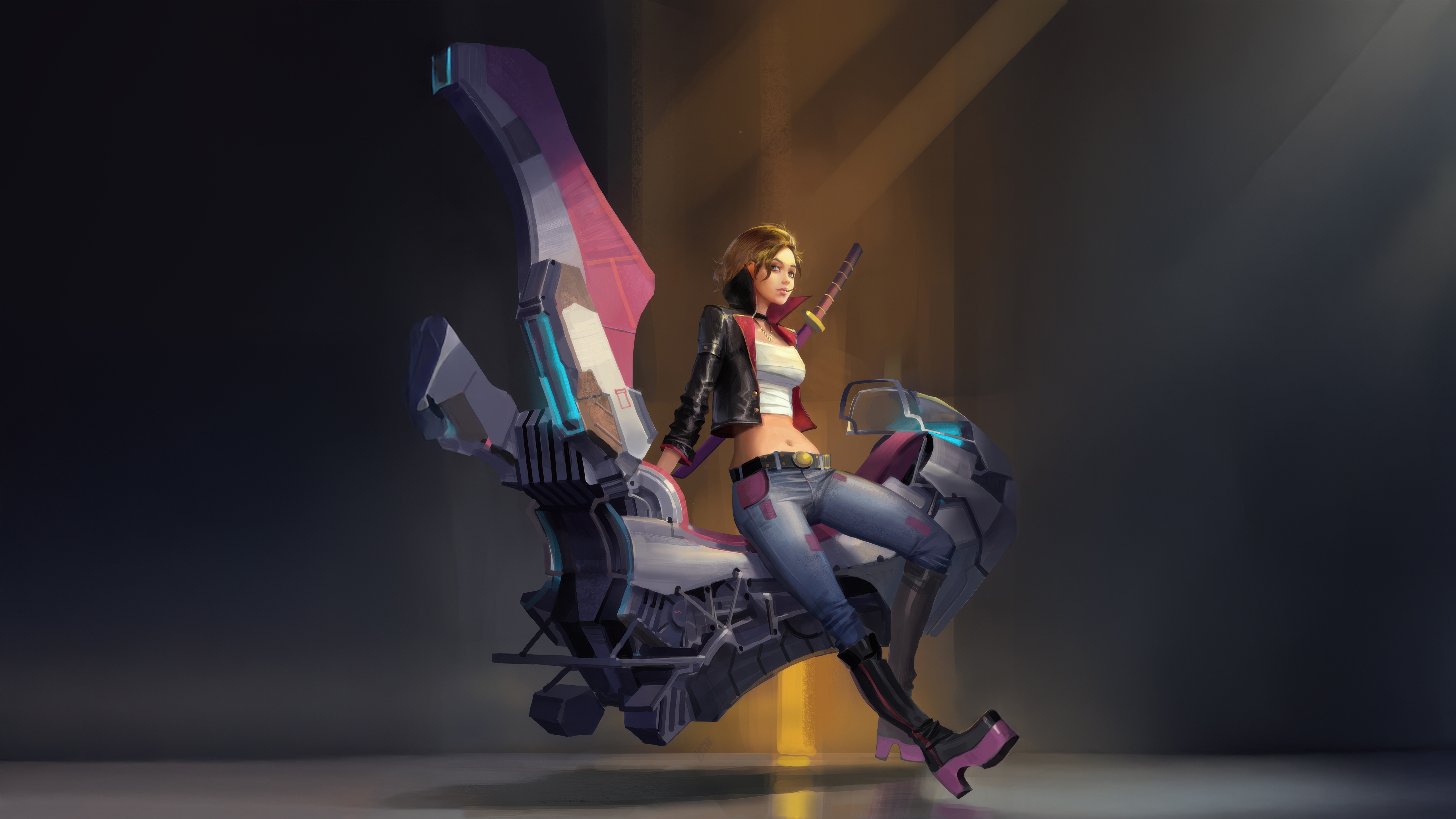 Woman with sword on a futuristic motorcycle HD Wallpaper
