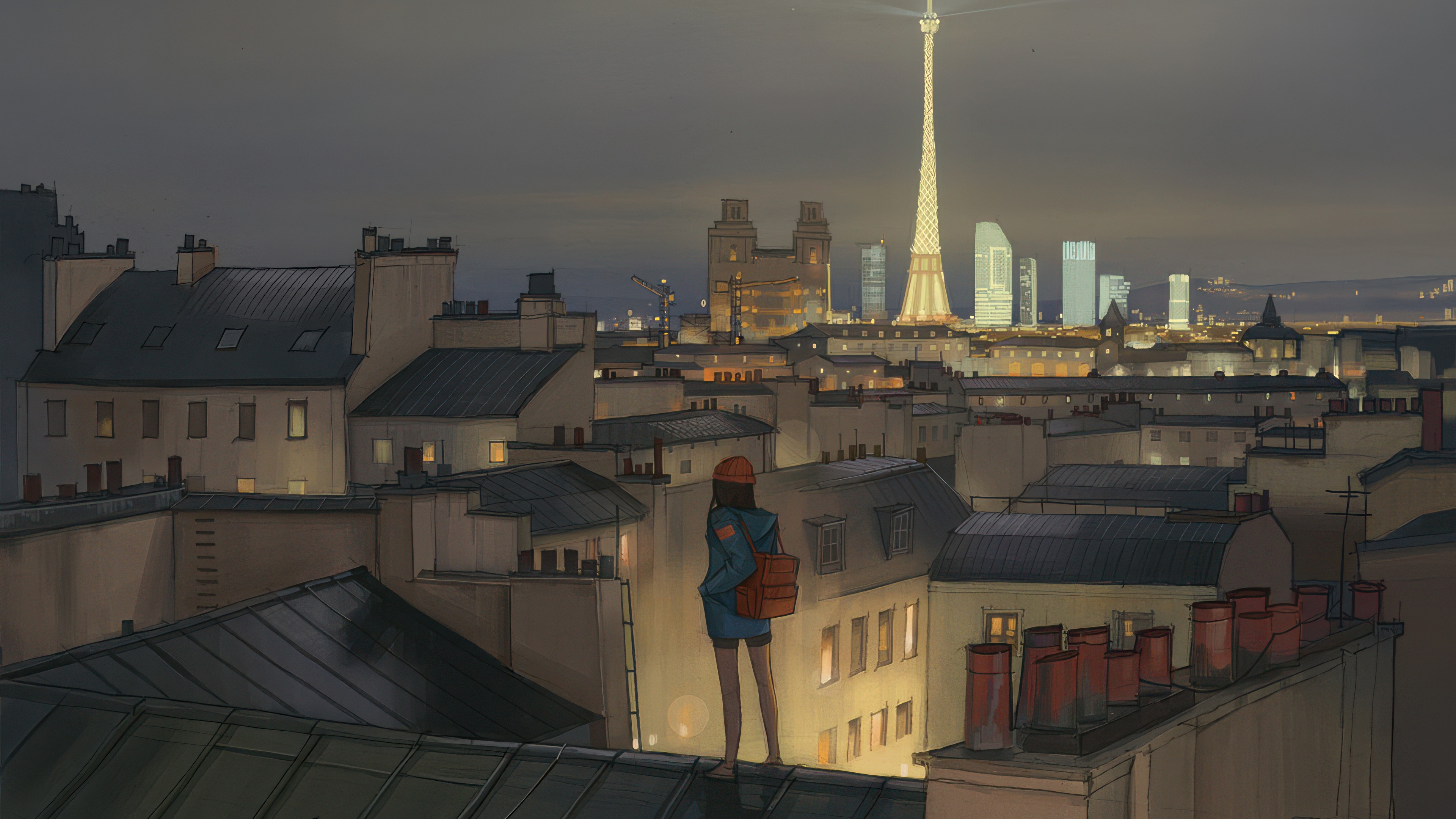 Girl on a rooftop overlooking Paris skyline at night HD Wallpaper