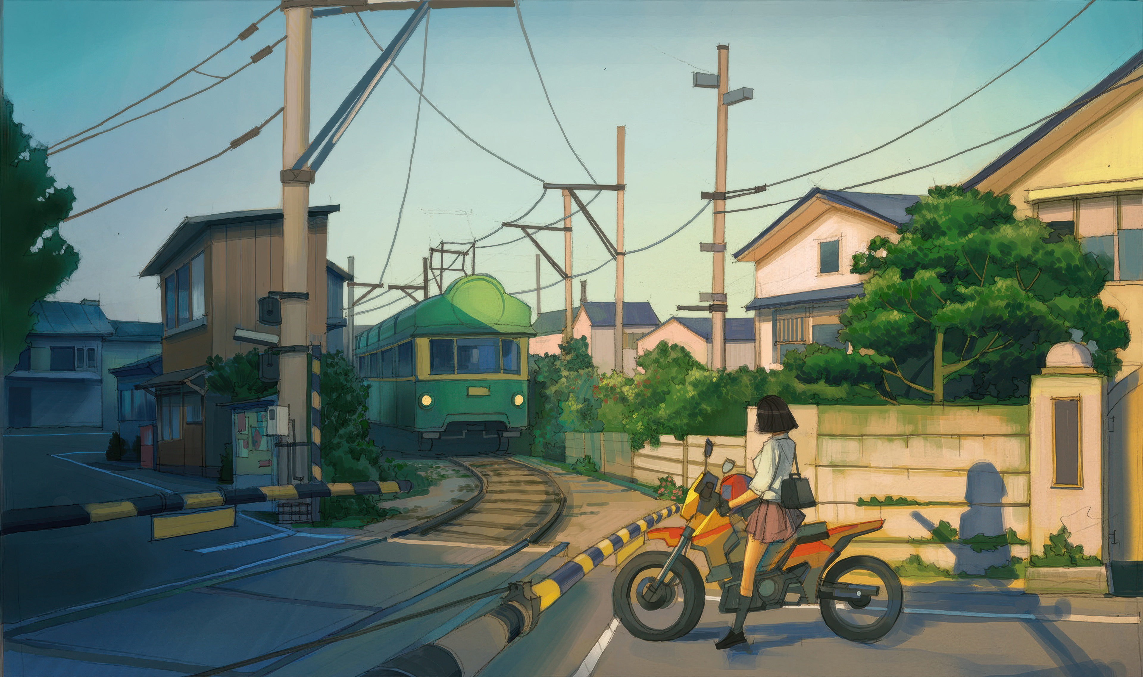 Girl on motorcycle at Japanese train crossing HD Wallpaper