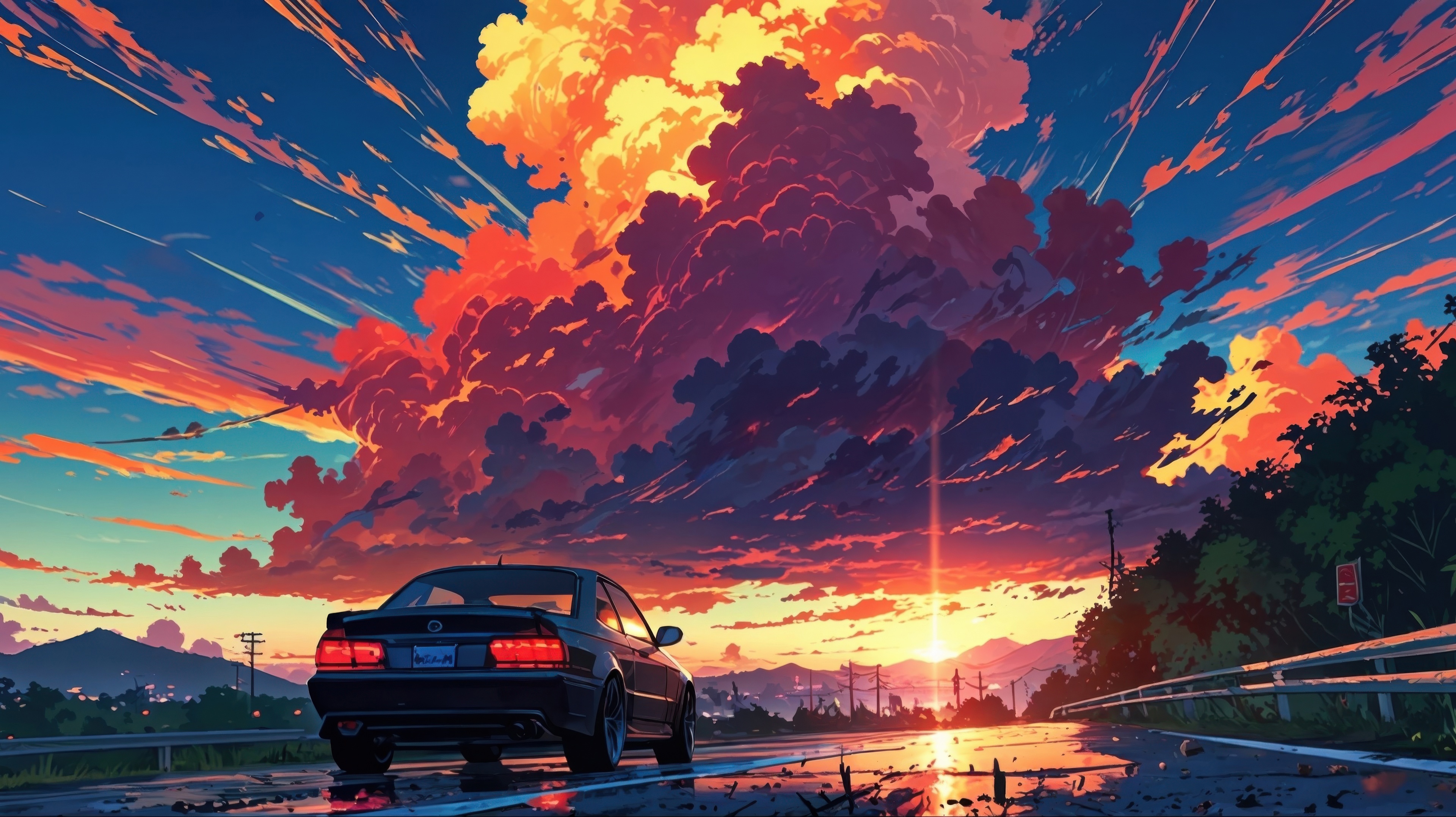Car driving on a mountain highway at sunset HD Wallpaper