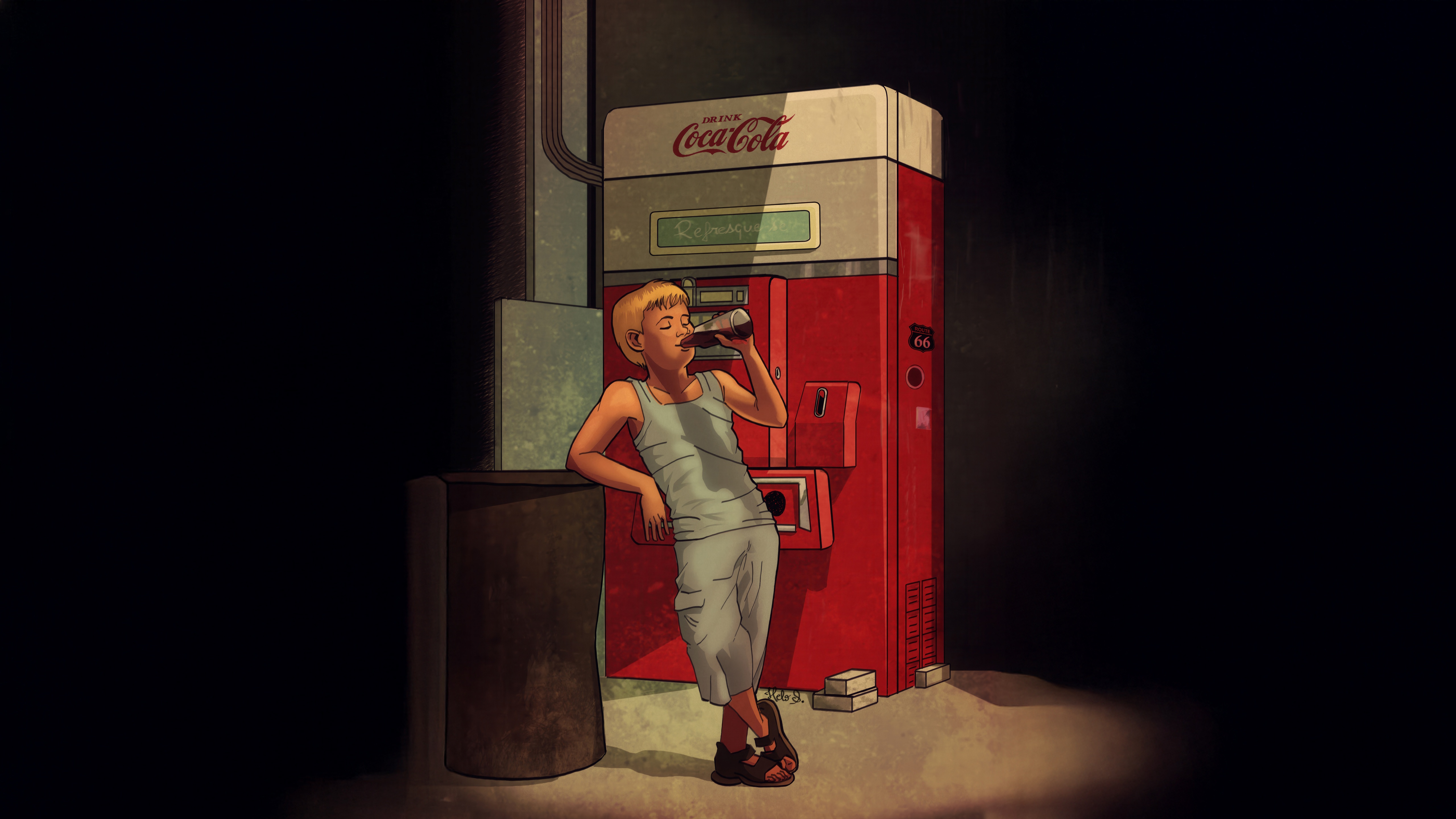Boy drinking Coca-Cola from a vintage vending machine HD Wallpaper