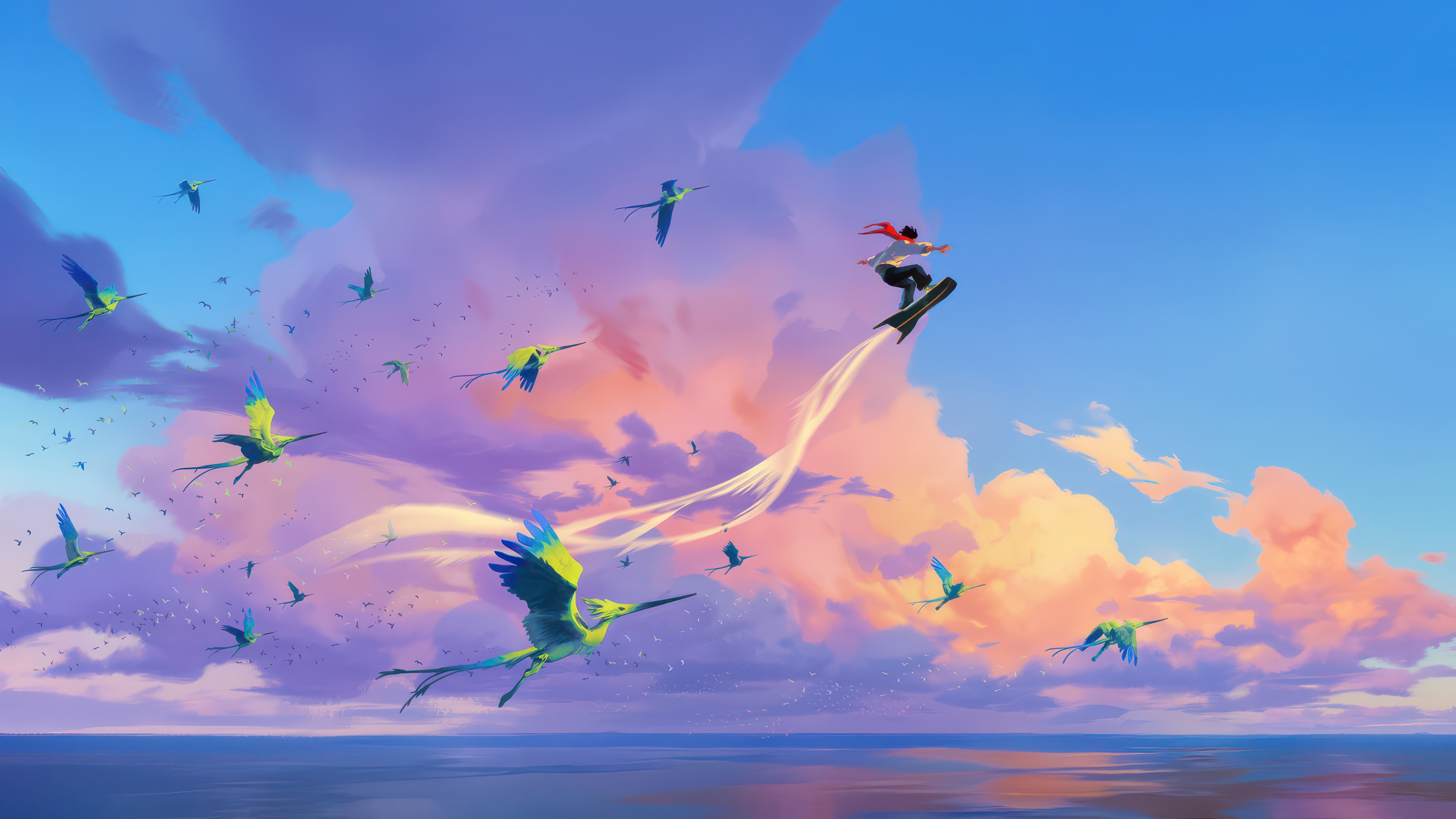 A person surfs through a sky filled with birds HD Wallpaper