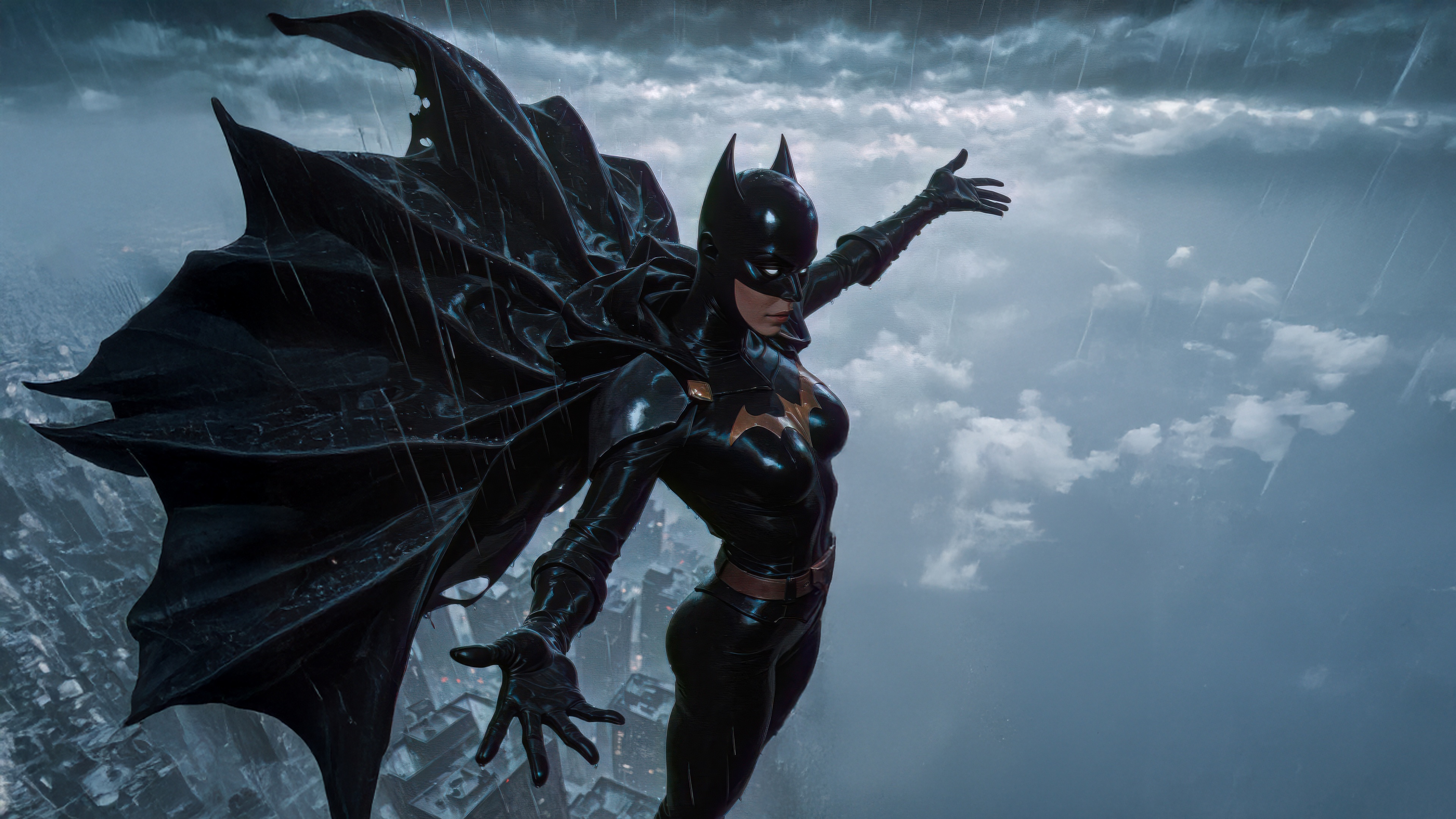 Batgirl in the rain over a city HD Wallpaper