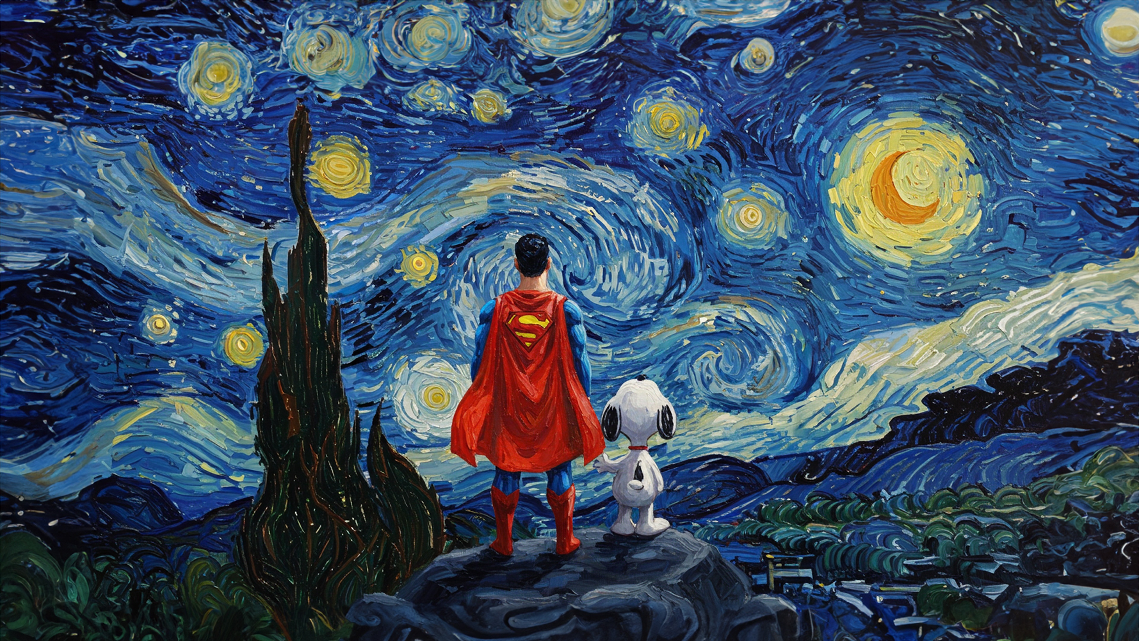 Superman and Snoopy in Starry Night HD Wallpaper