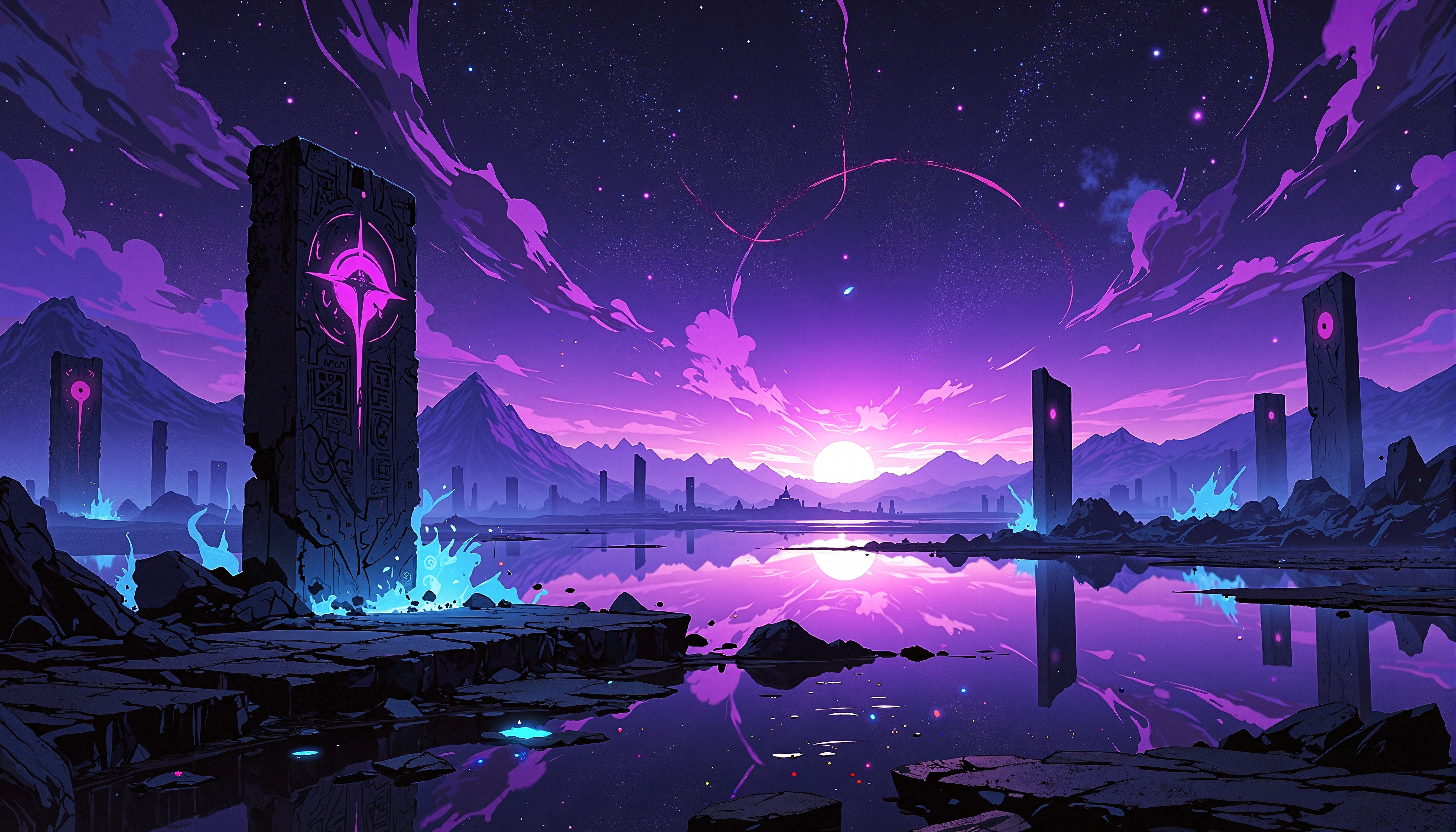 Cosmic Pillars Reflecting on a Purple Horizon HD Wallpaper