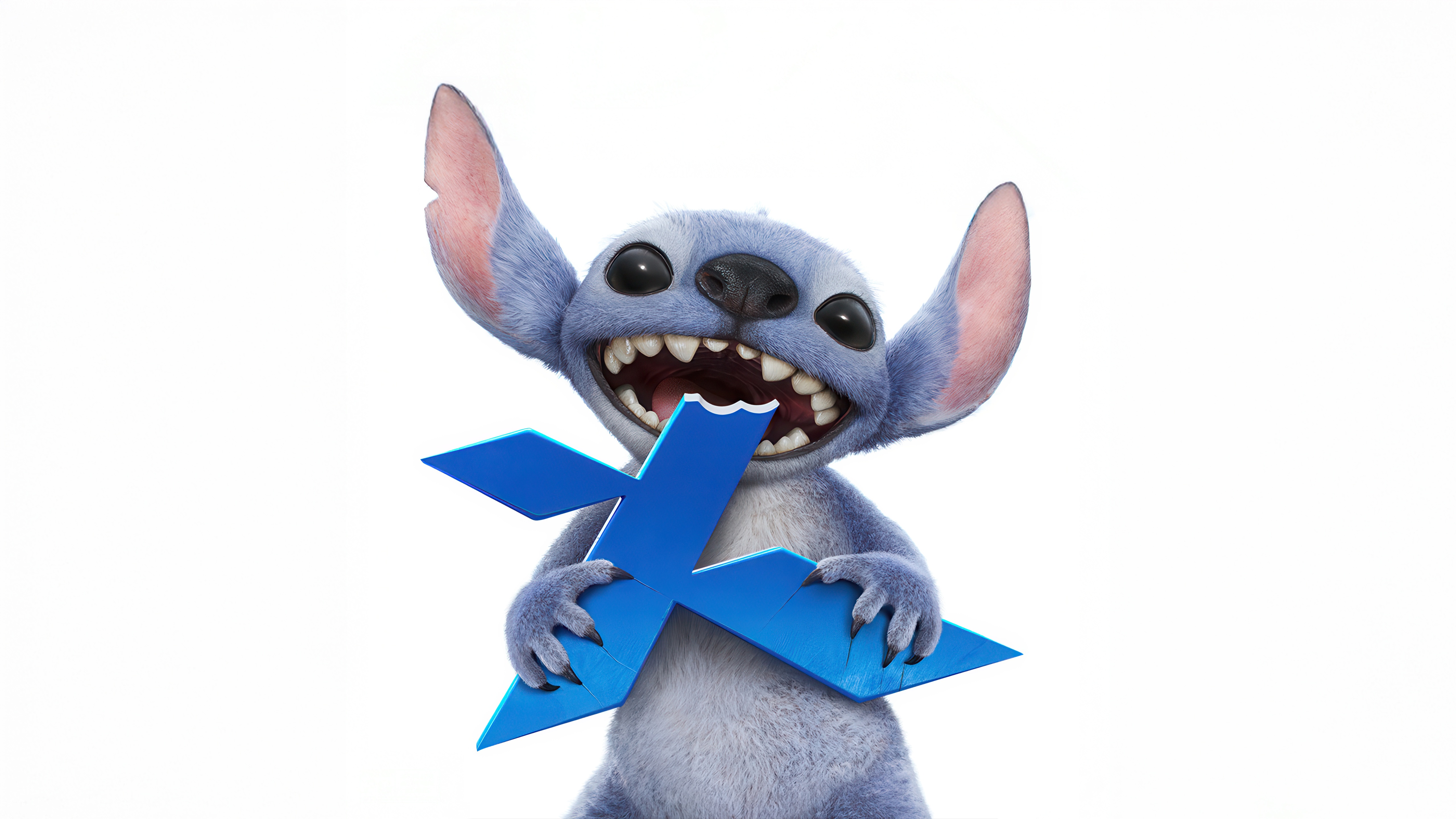 Stitch biting a blue X symbol HD Wallpaper