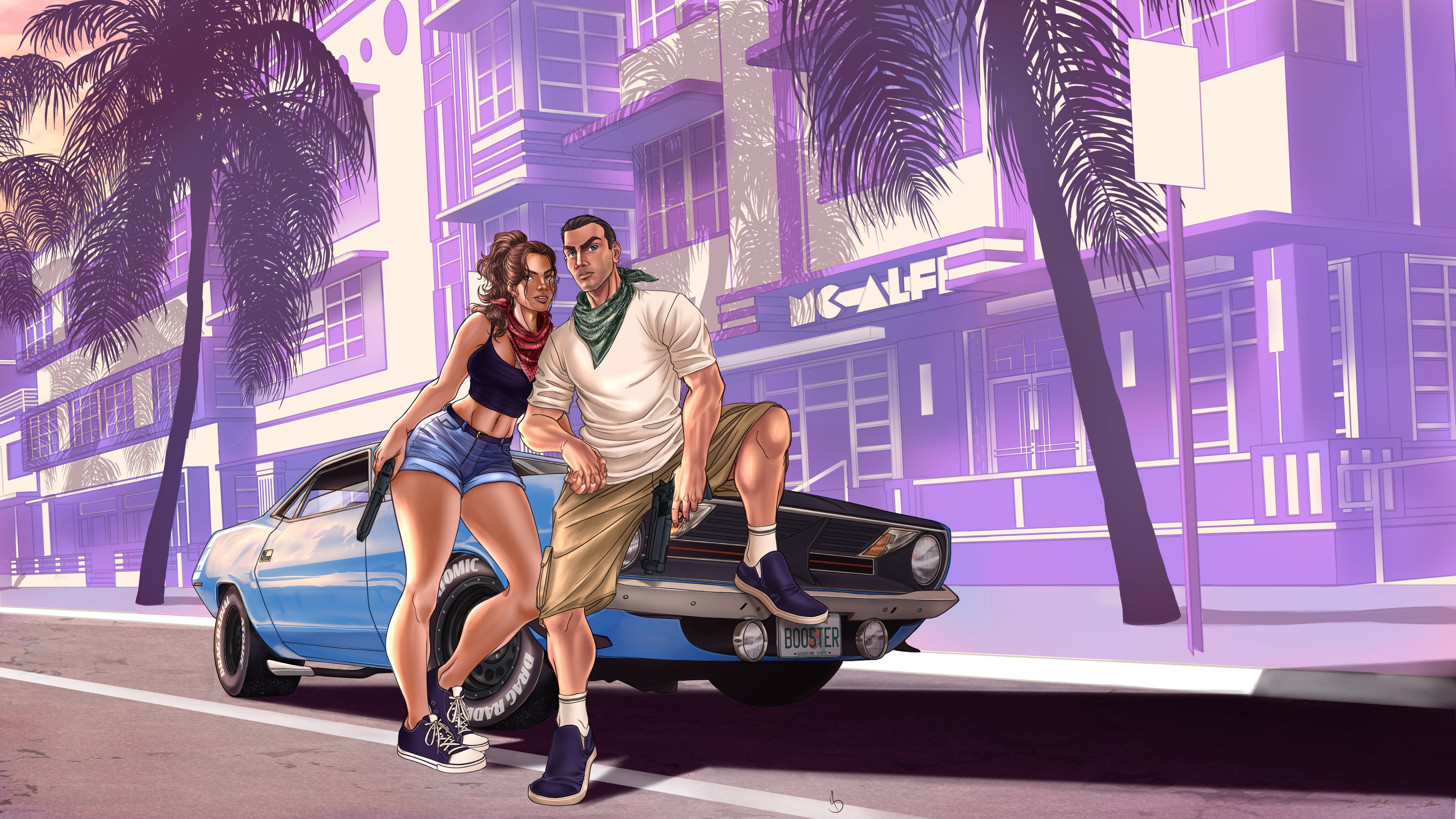Jason and Lucia from GTA 6 posing by a car HD Wallpaper