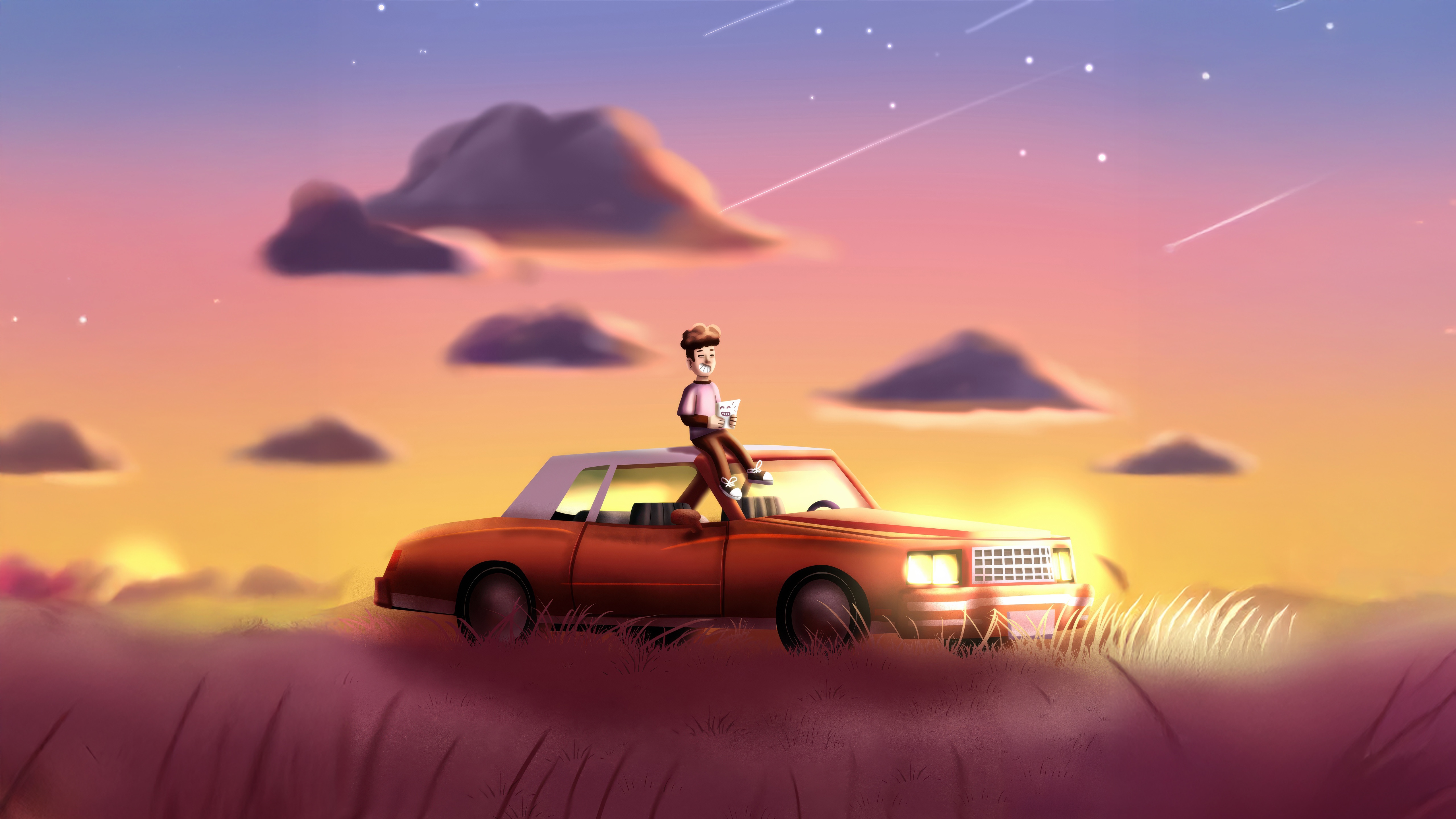 Man on car waiting for shooting star HD Wallpaper