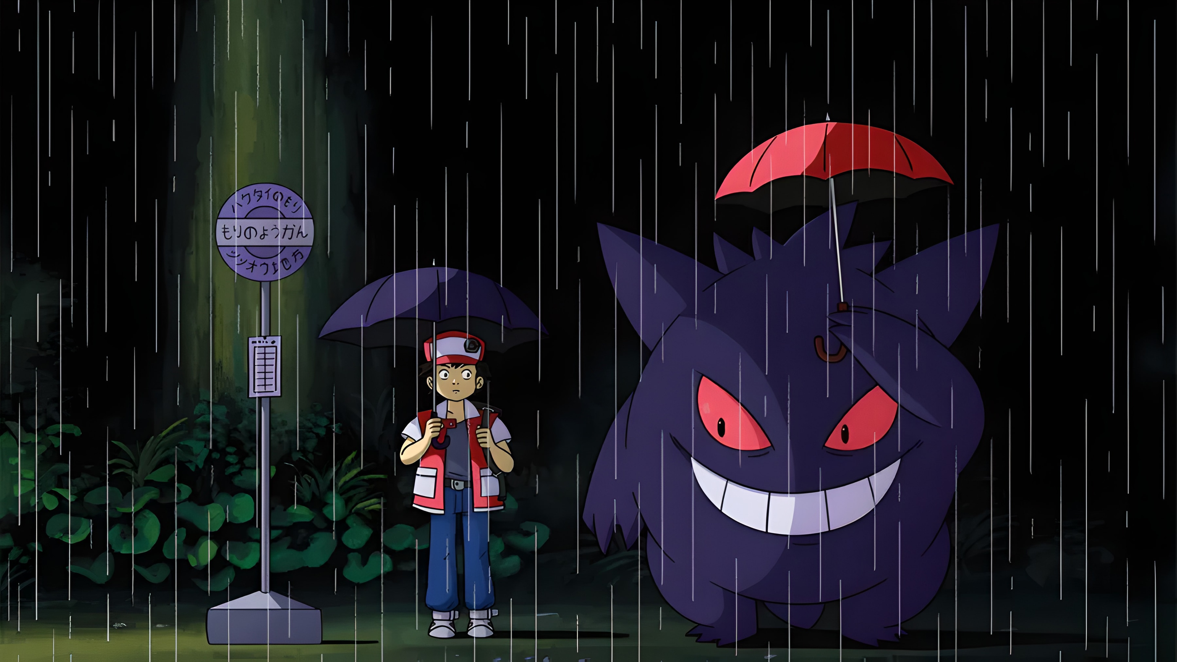 Pokemon Gengar and Red at a bus stop in the rain HD Wallpaper