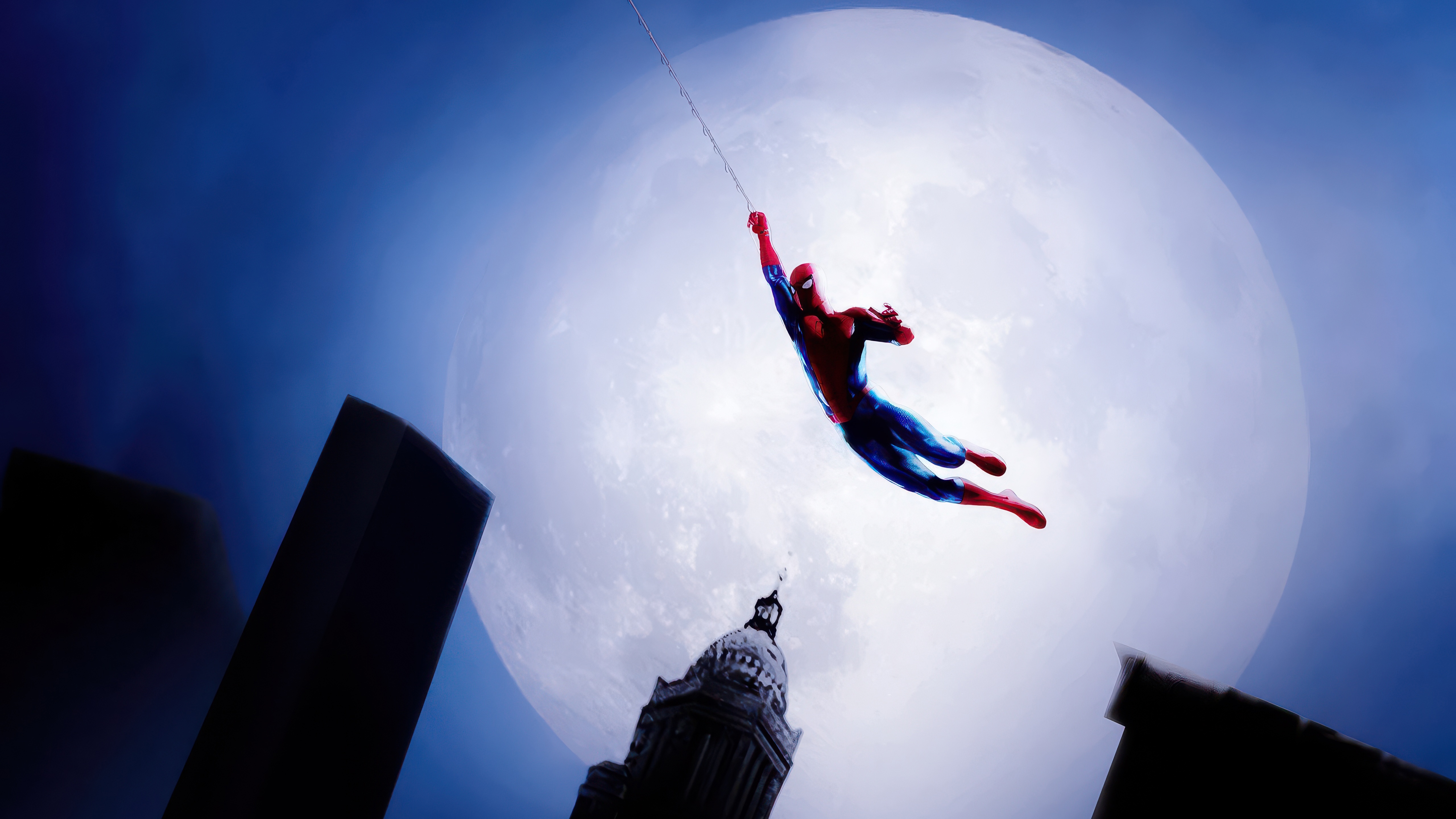 Spiderman Swinging in Front of the Moon HD Wallpaper