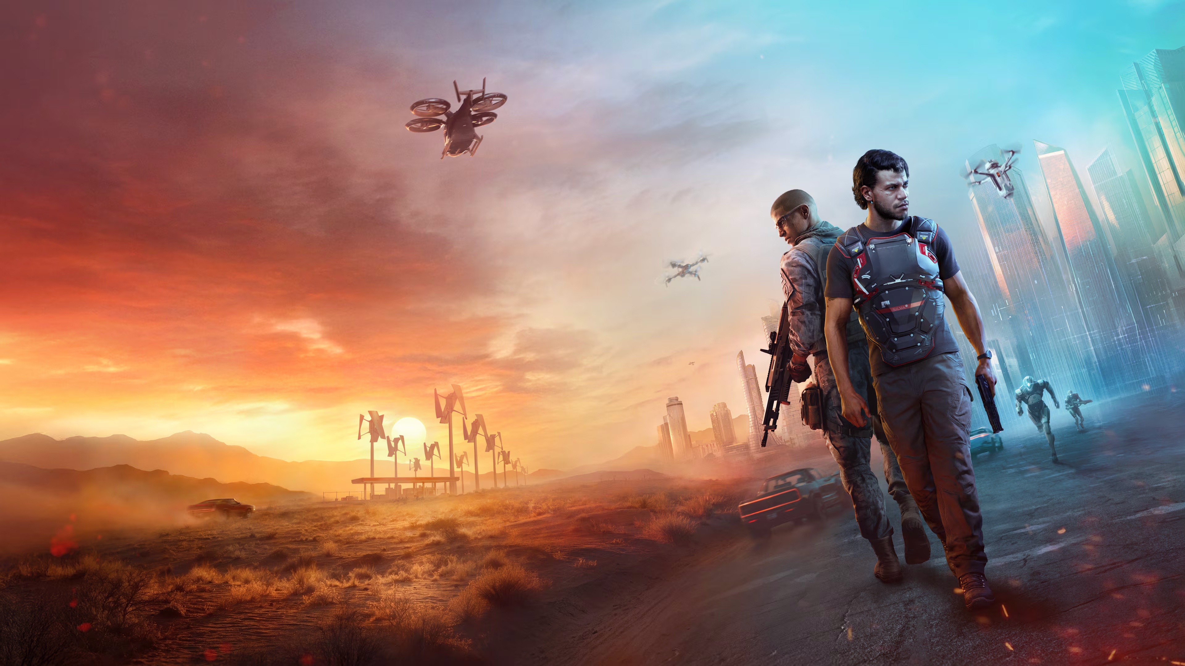 Two soldiers walk through a post-apocalyptic city with drones overhead. HD Wallpaper