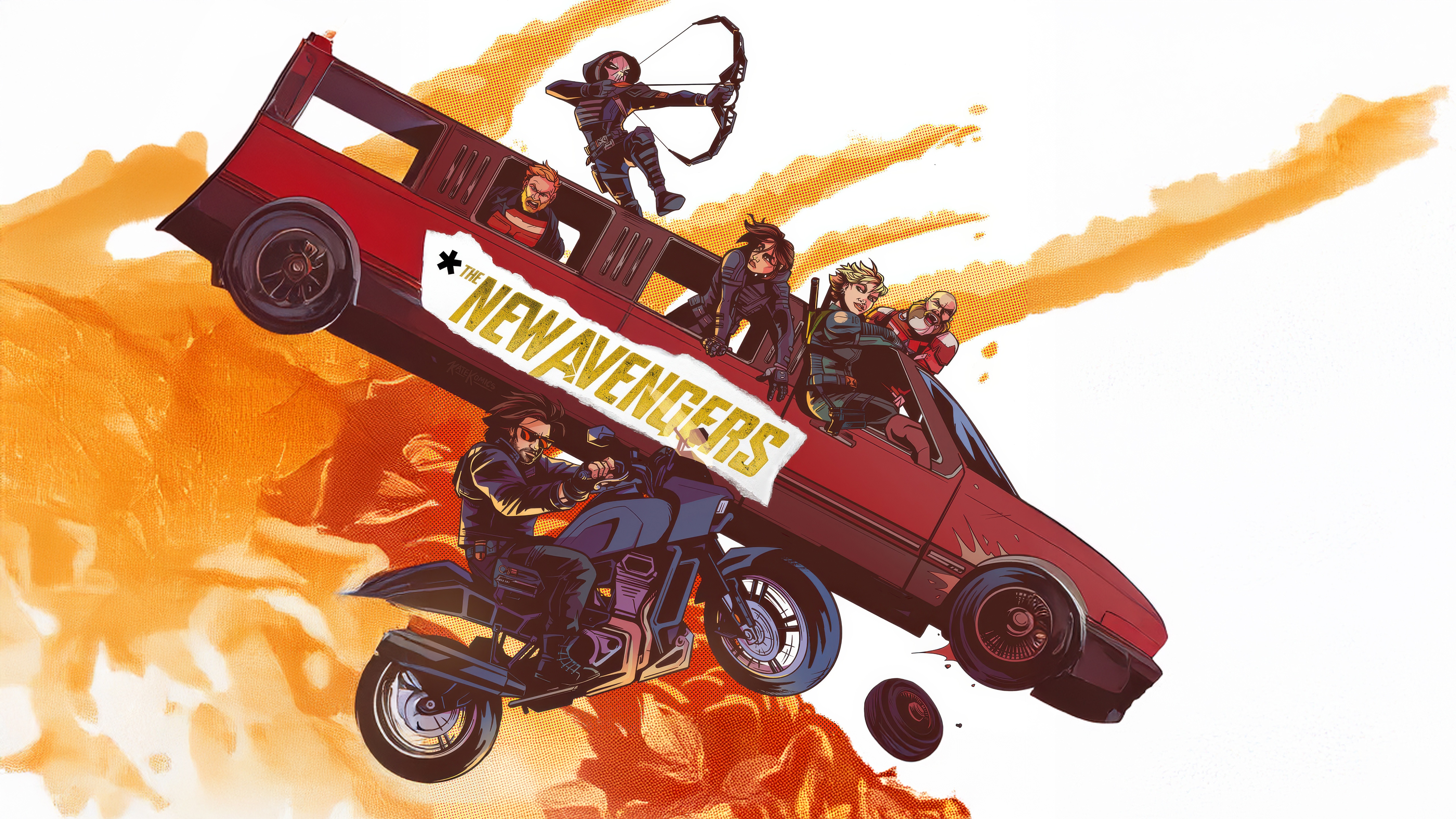 The New Avengers in a Red Car and Motorcycle HD Wallpaper