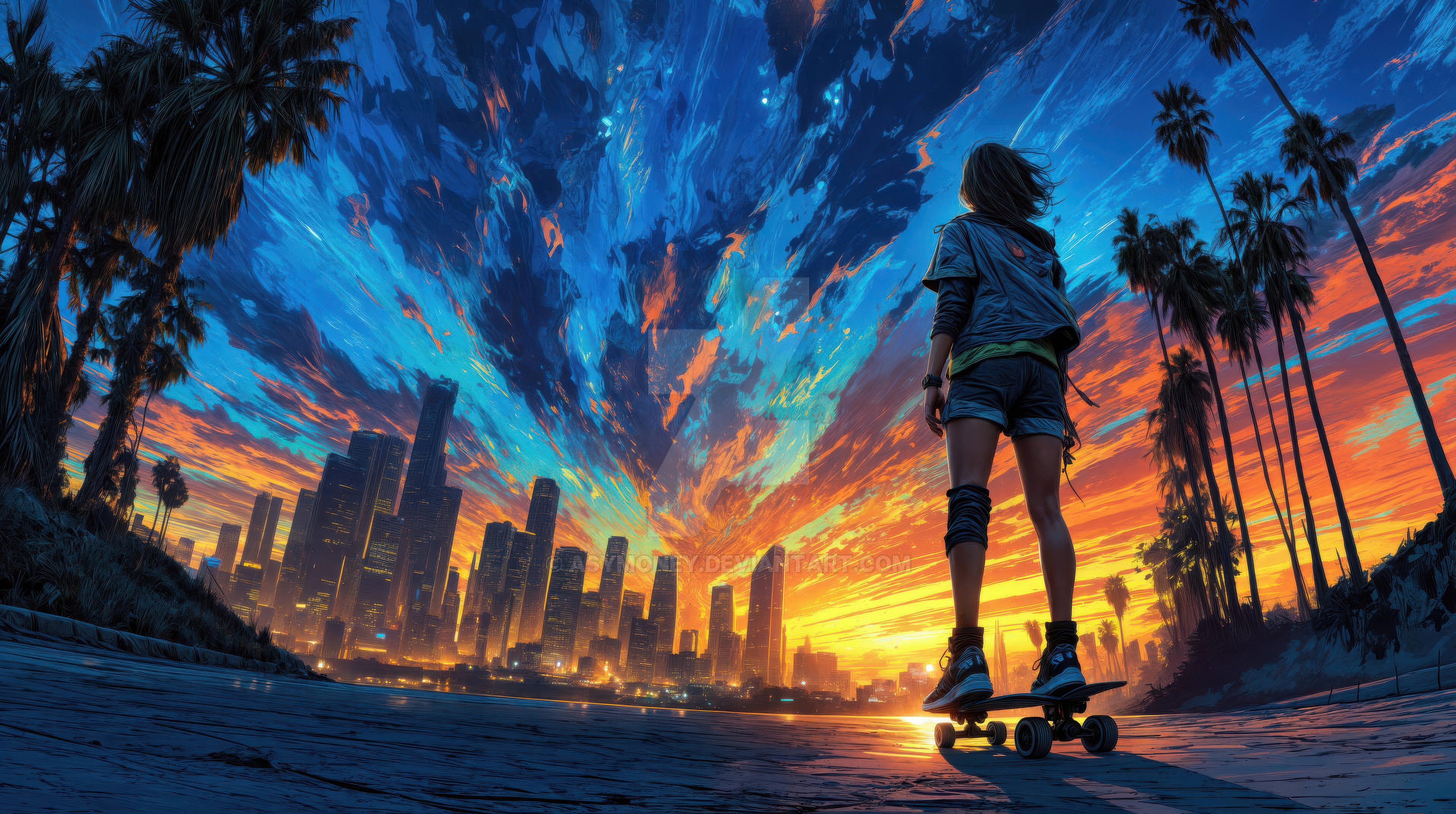 Skater on a skateboard against a vibrant city skyline at sunset HD Wallpaper