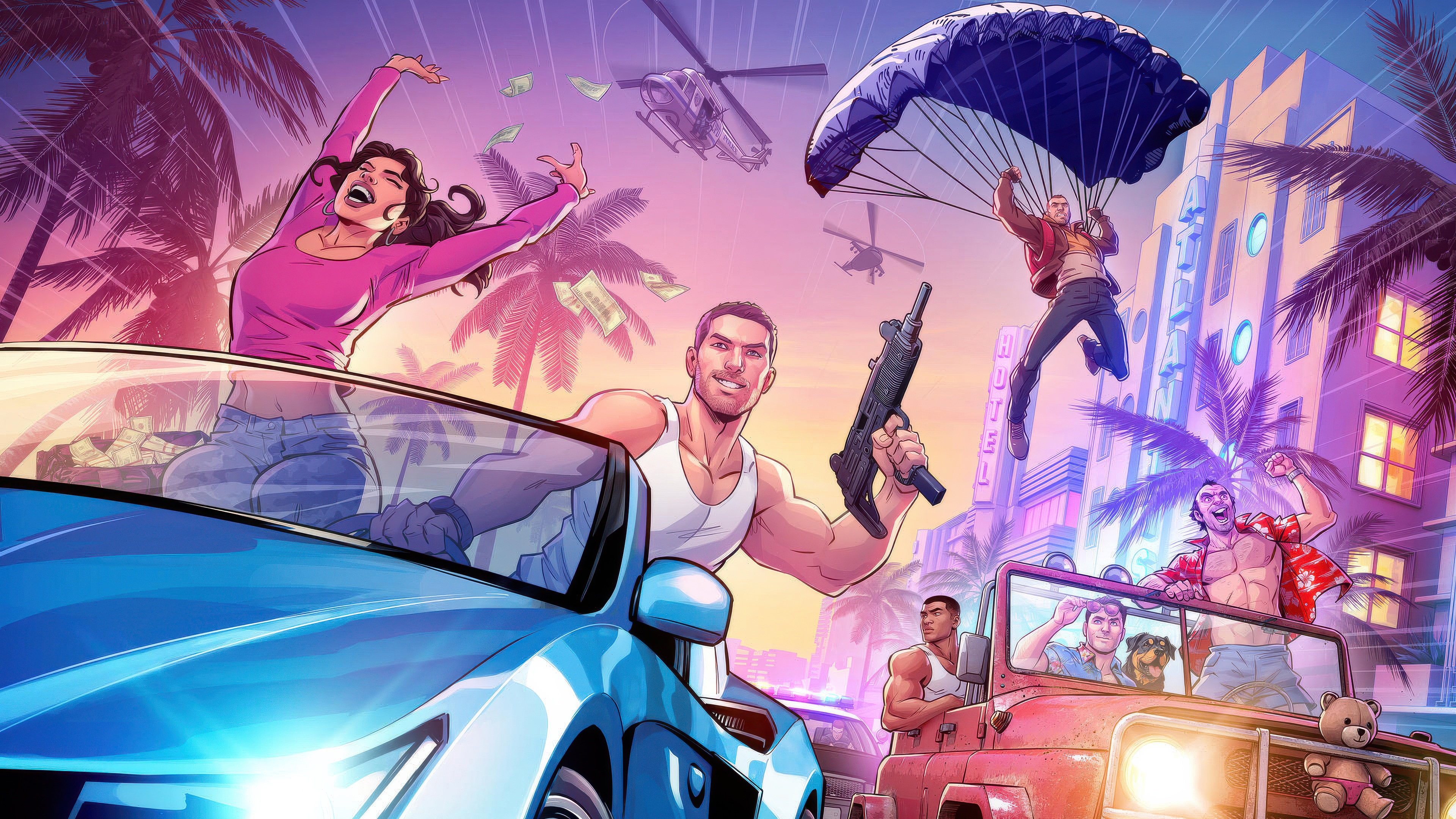 Grand Theft Auto VI Fan Art with Parachuting and Cars HD Wallpaper