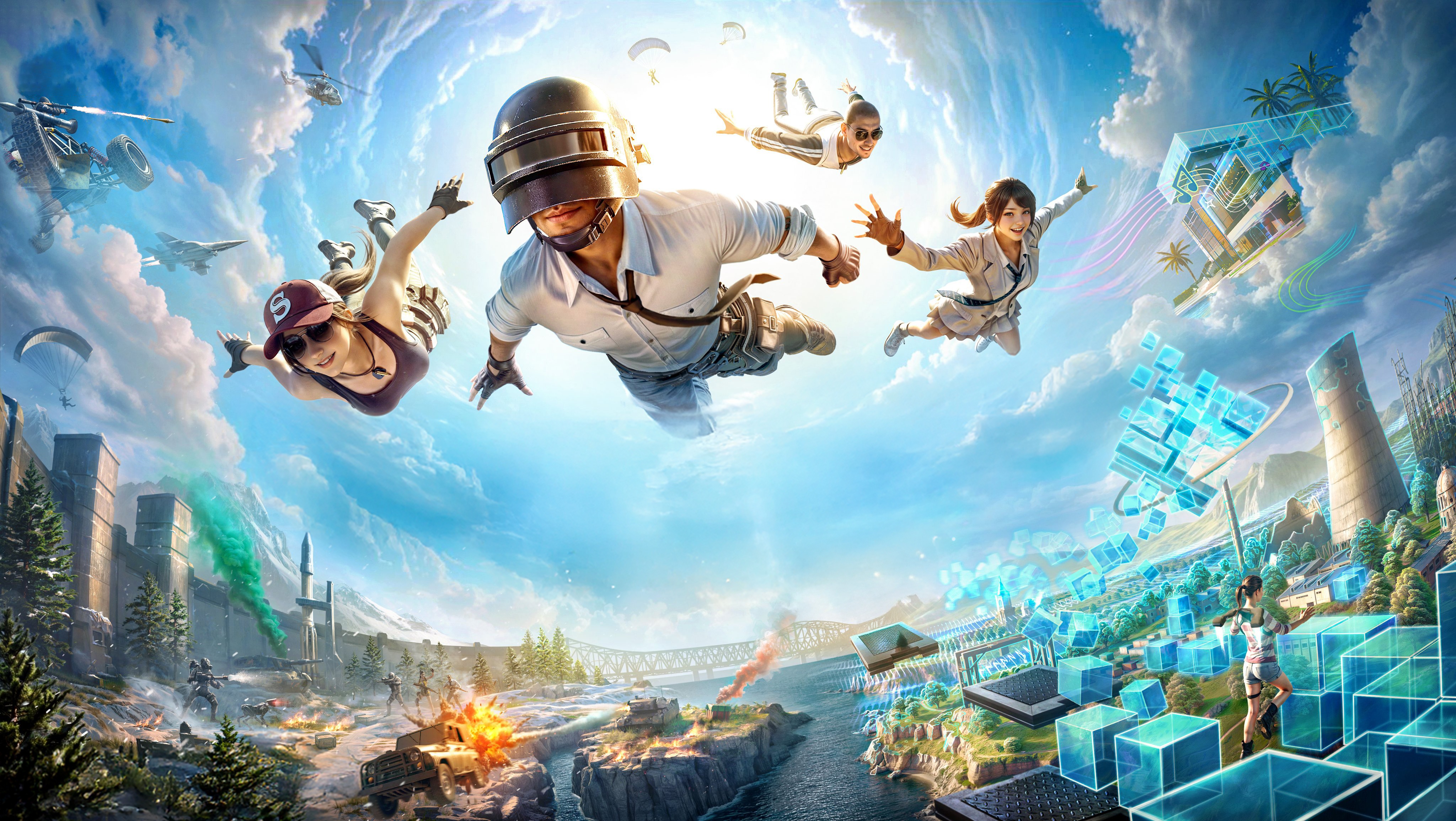 PUBG Mobile Characters Skydiving Over Battle Scene HD Wallpaper