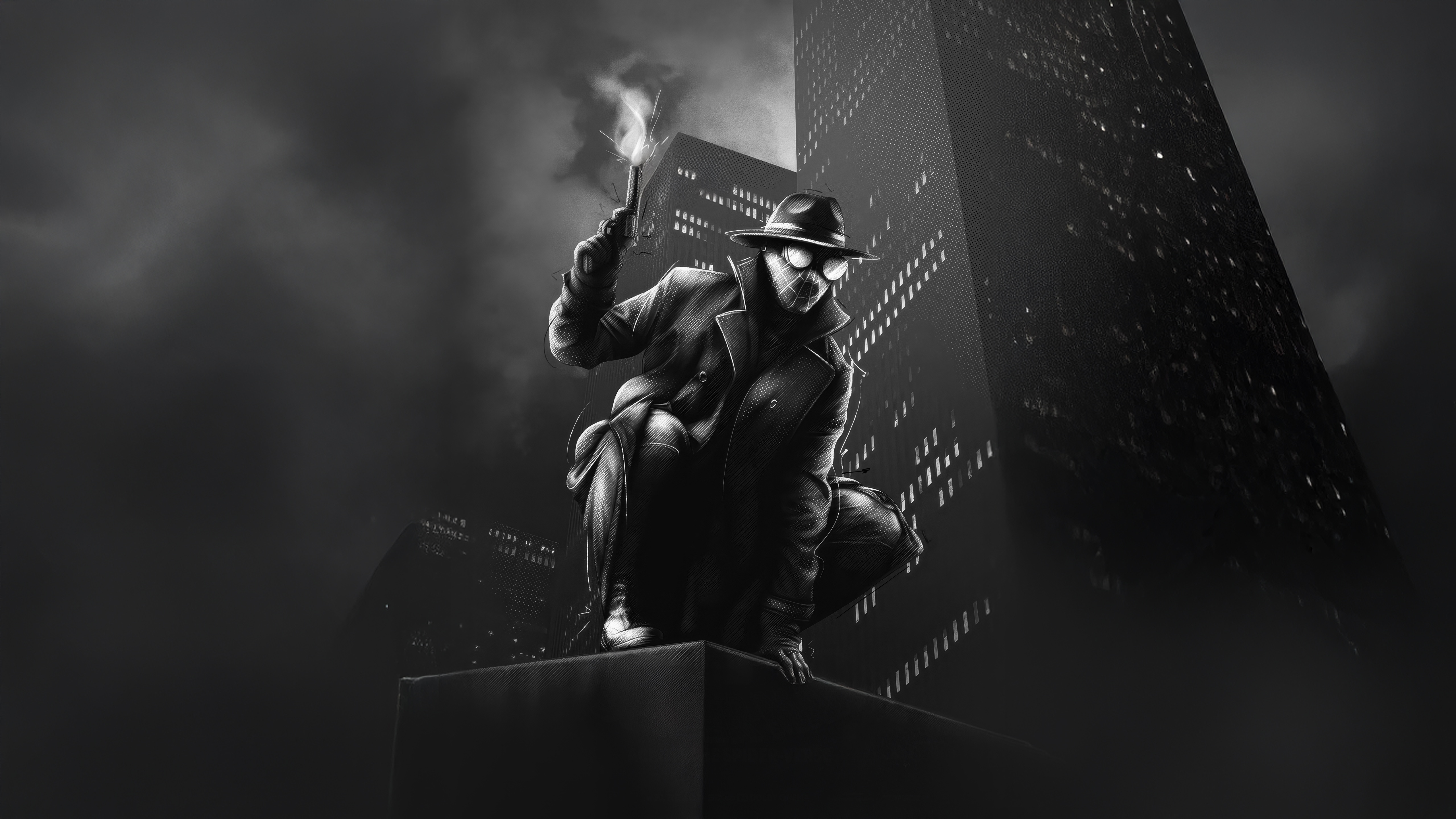 Spider-Man Noir Crouching on a Building Ledge HD Wallpaper