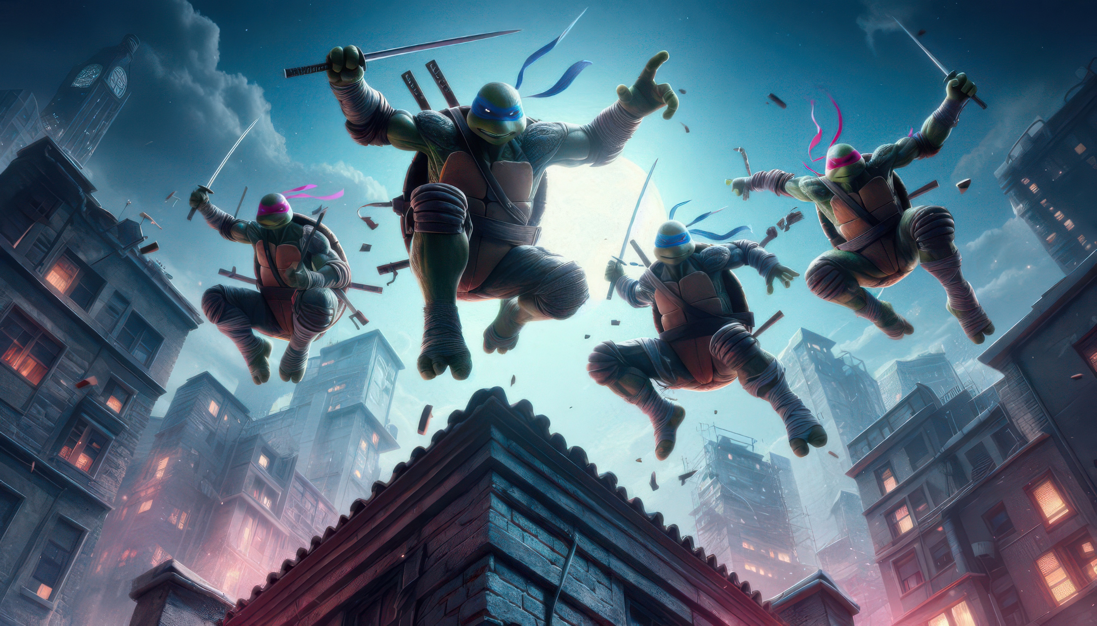 Teenage Mutant Ninja Turtles leaping over city buildings HD Wallpaper