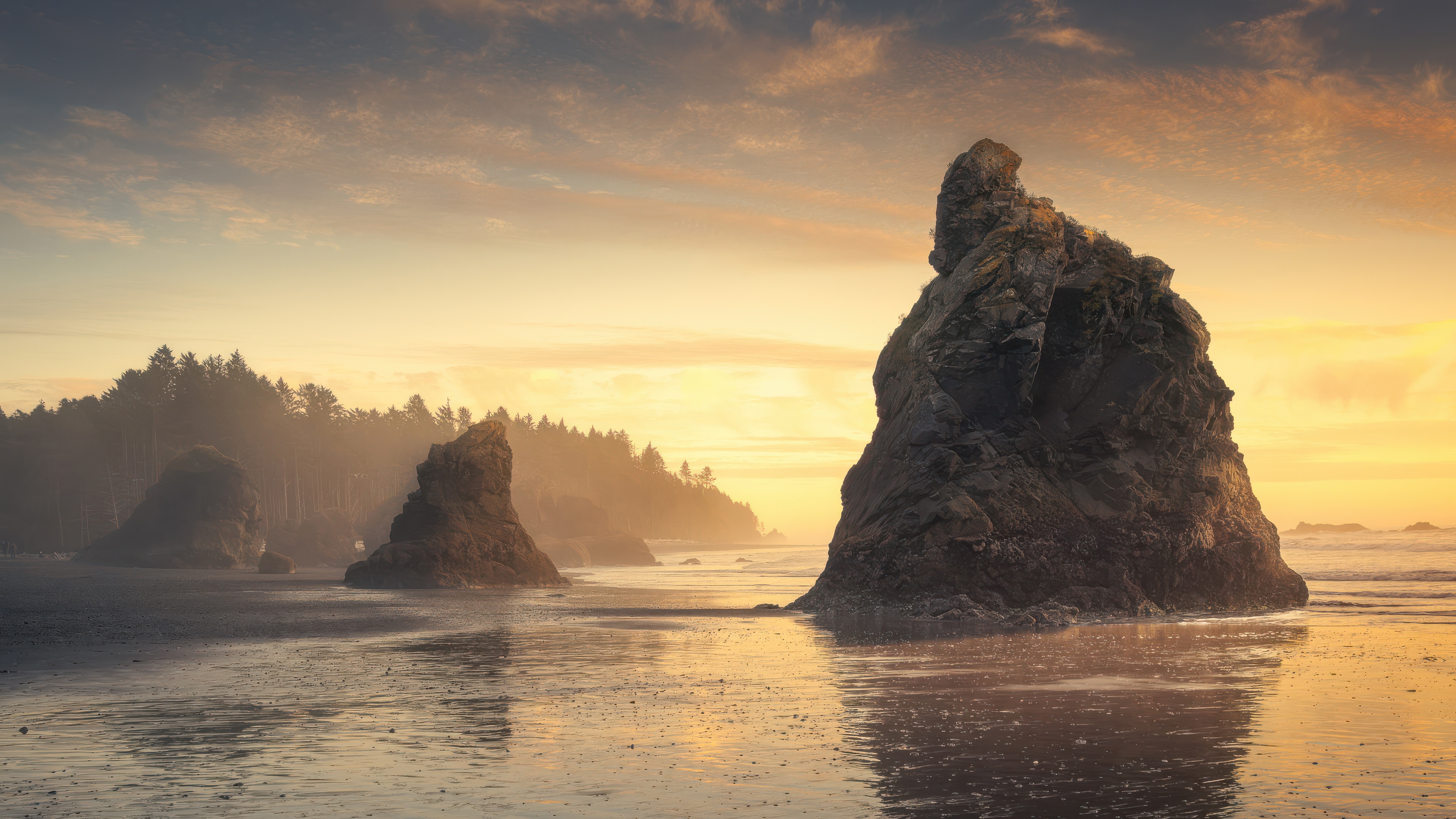 Golden Glow at Ruby Beach, Washington, USA HD Wallpaper