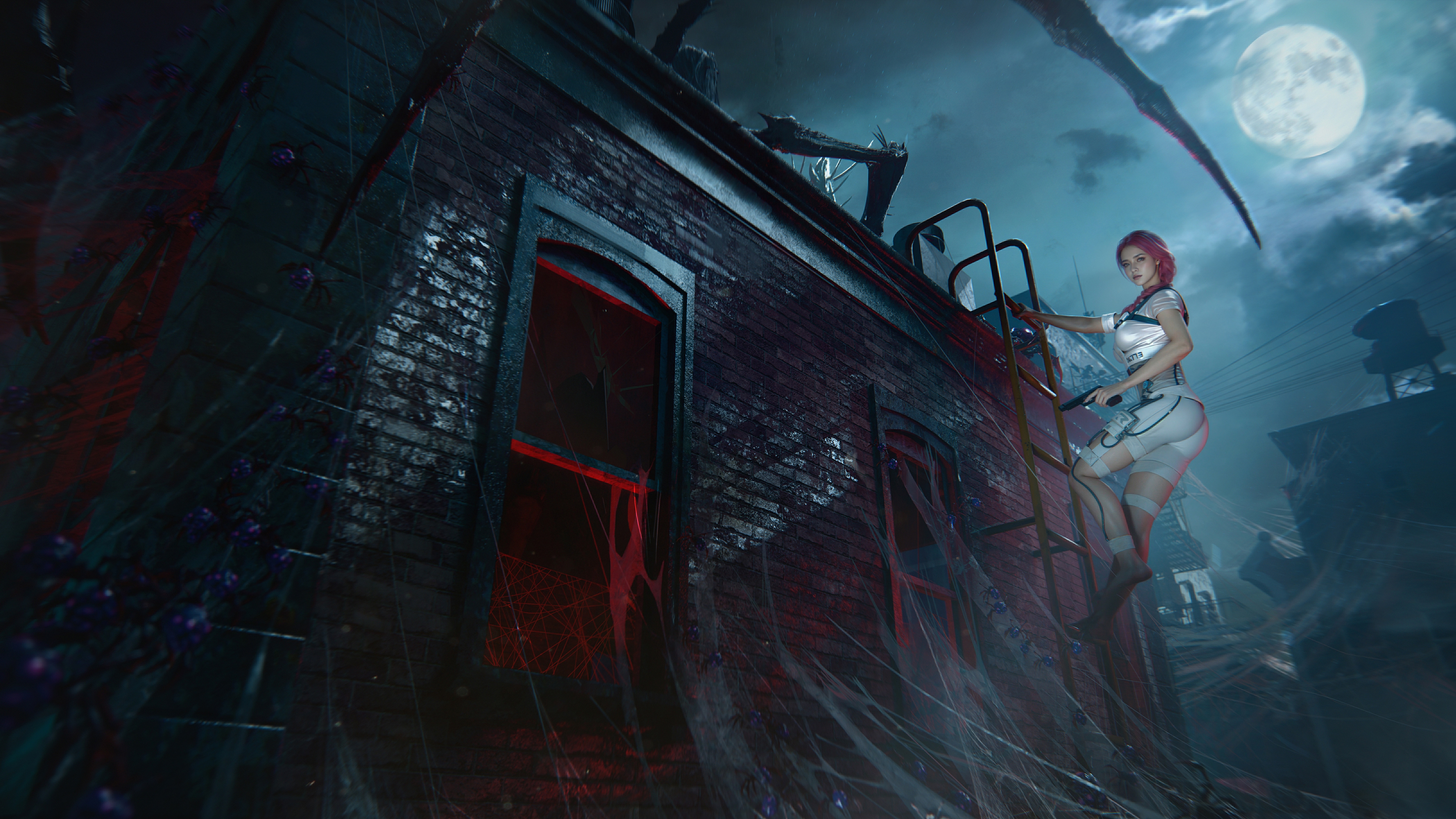 Once Human: Woman climbing a ladder on a spooky building HD Wallpaper