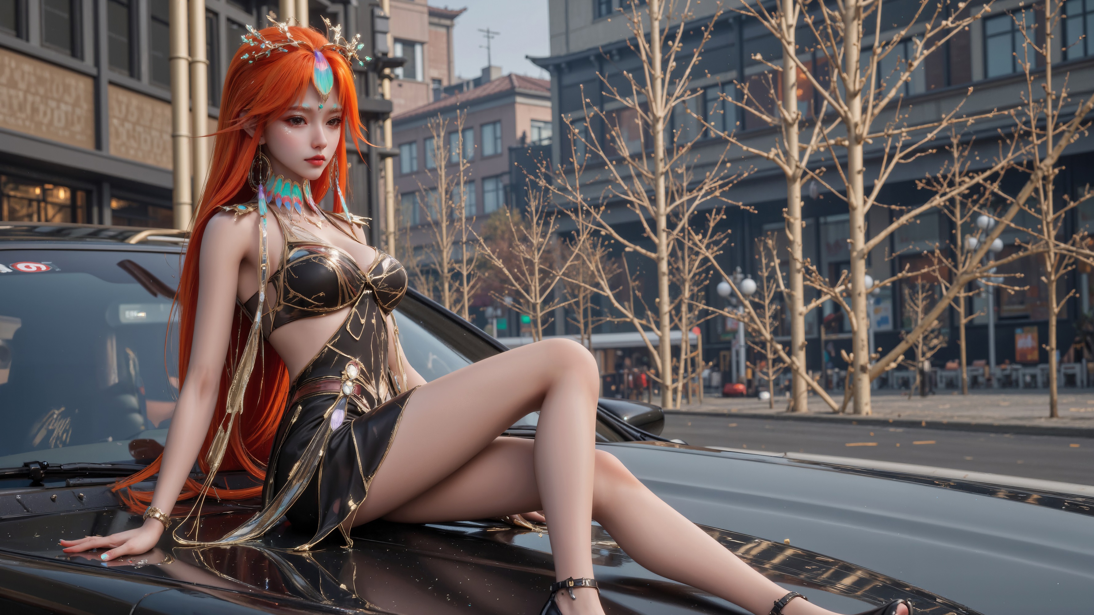Red-haired girl in a black outfit sitting on a car HD Wallpaper
