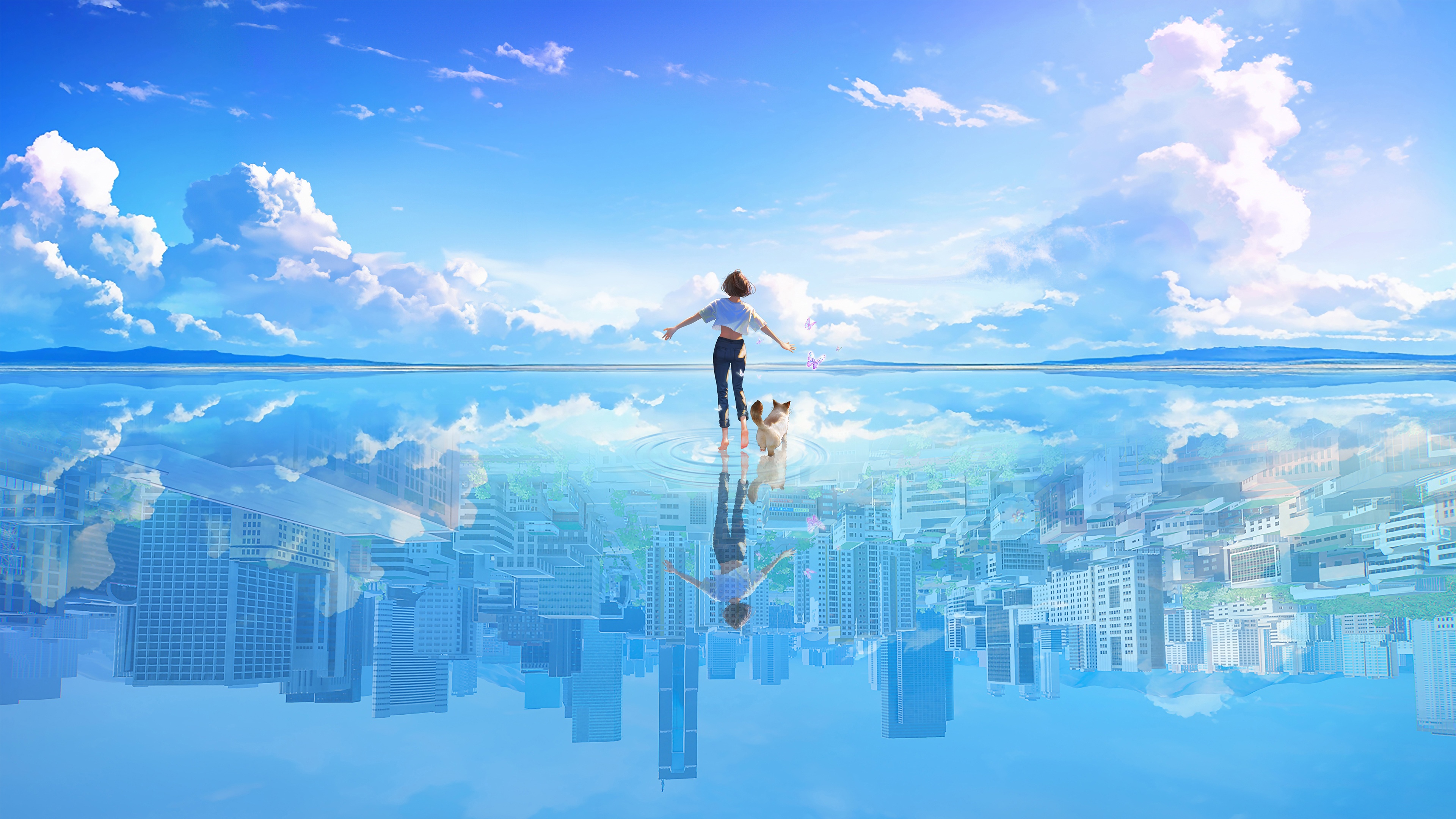 Girl and dog in a surreal city reflection HD Wallpaper