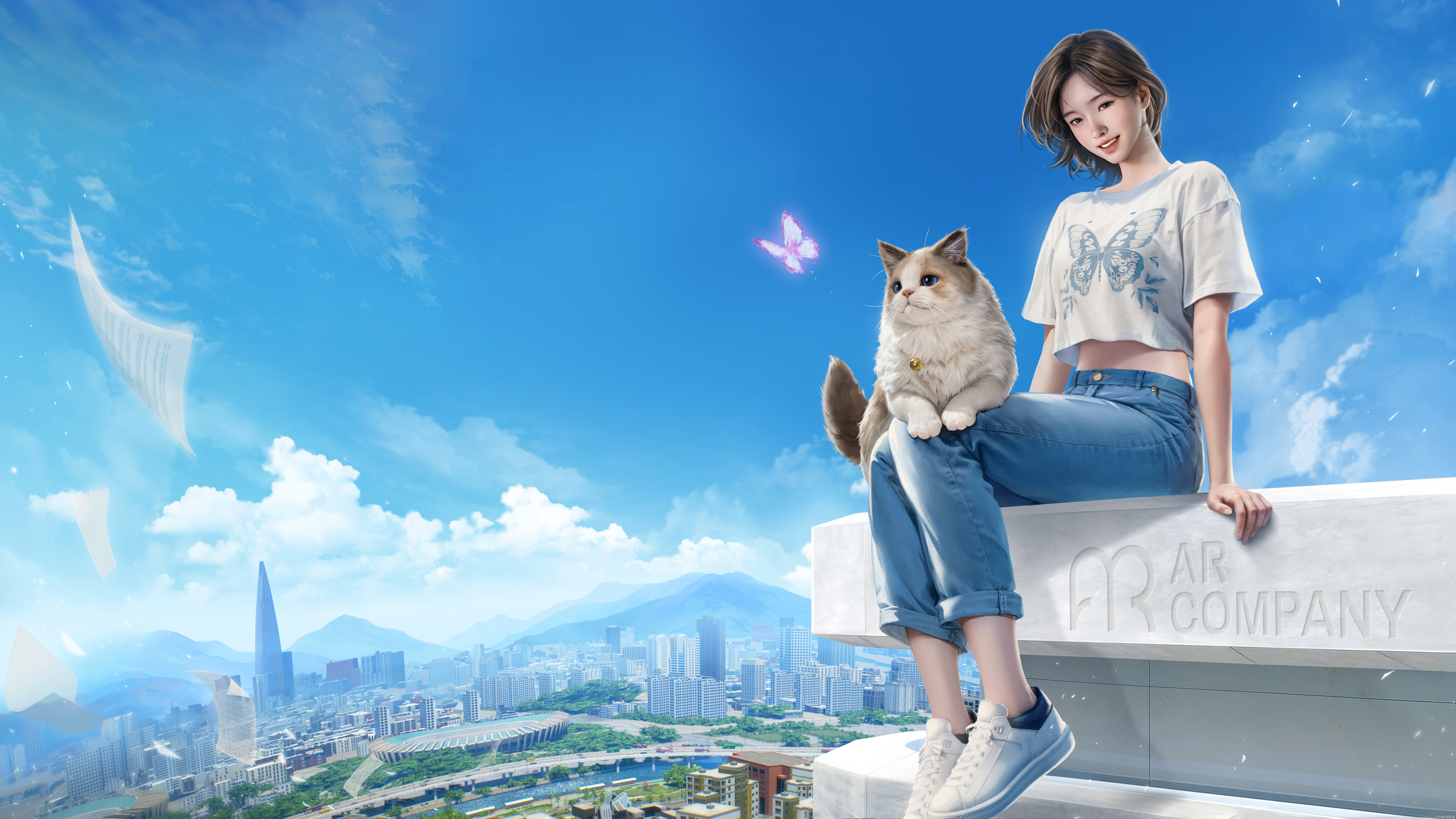 Inzoi Game: Girl and Cat on Rooftop HD Wallpaper