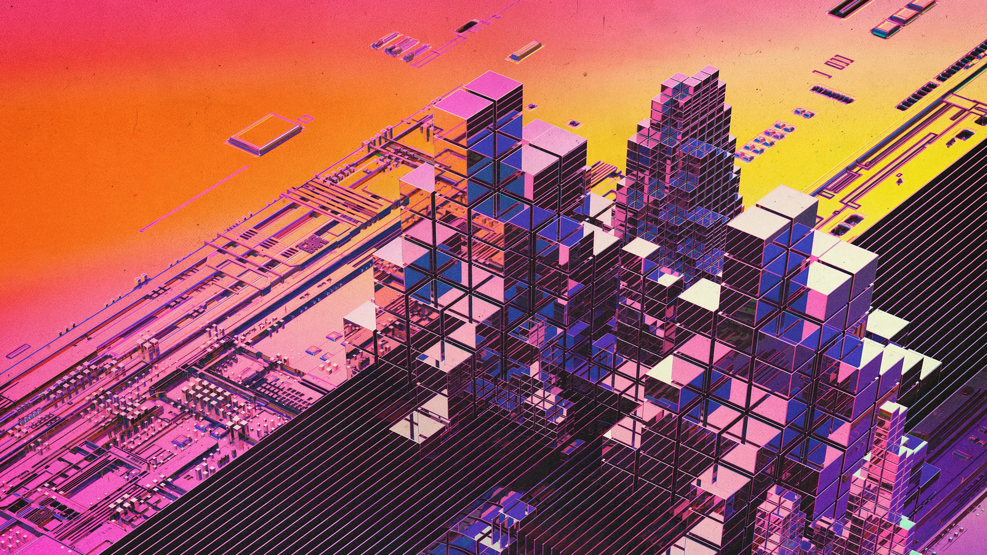 Abstract digital cityscape with circuit board elements HD Wallpaper