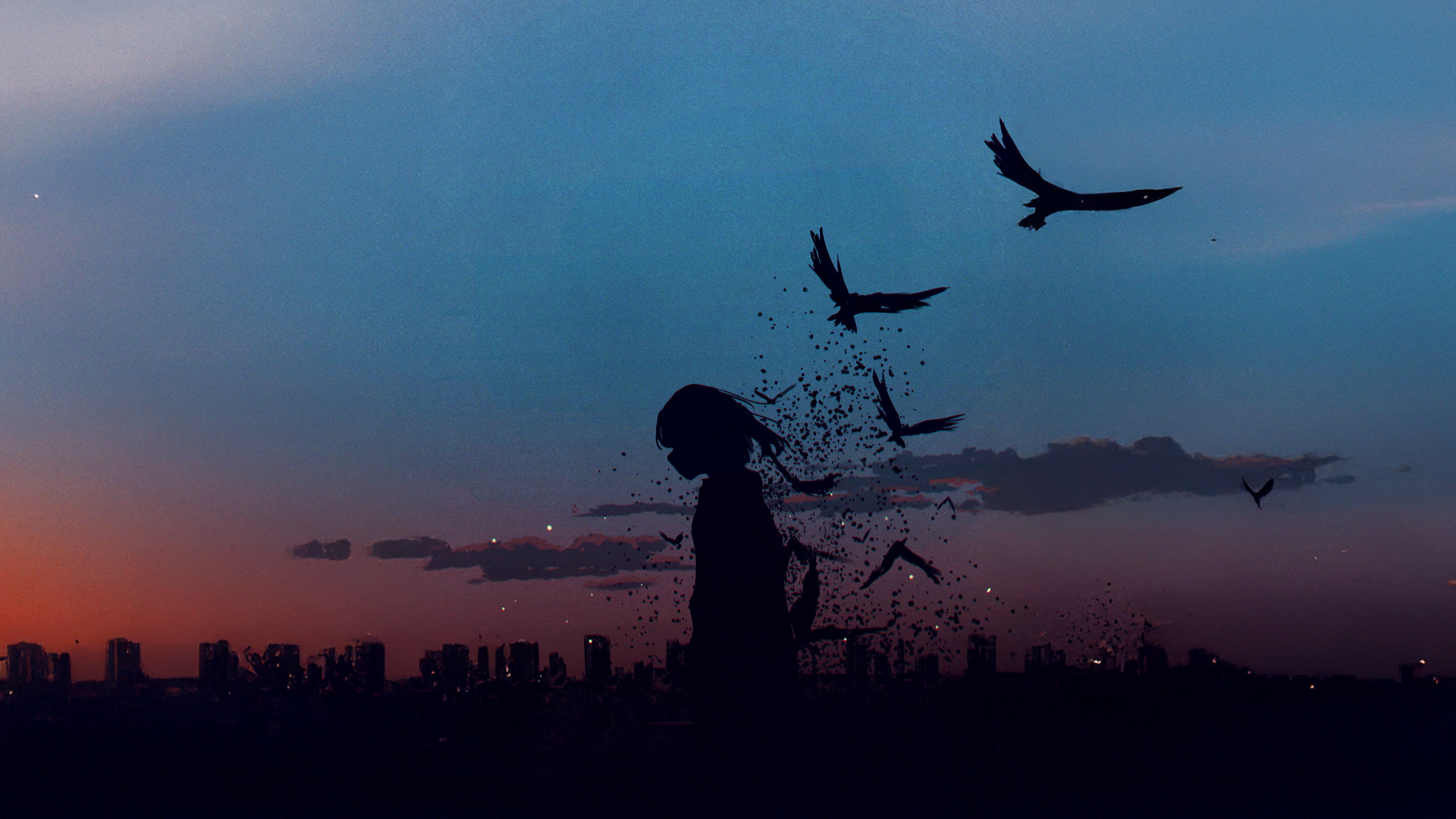 Silhouette of a girl dissolving into birds at sunset HD Wallpaper