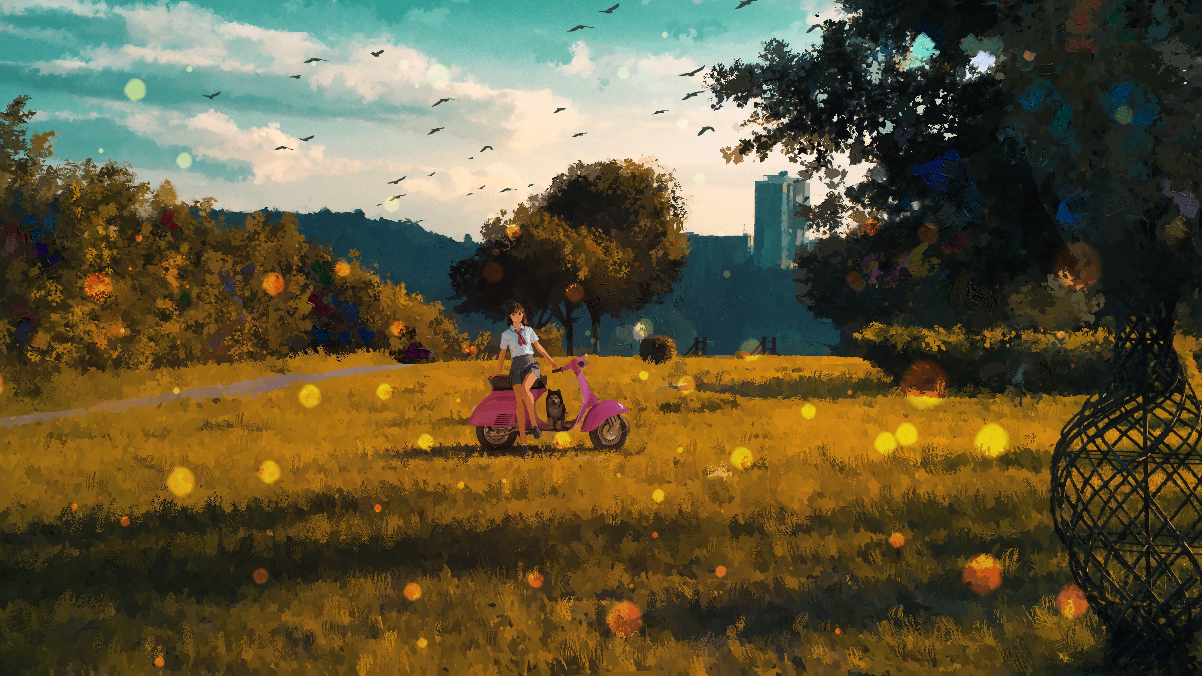 Anime School Girl With Dog And Scooter HD Wallpaper