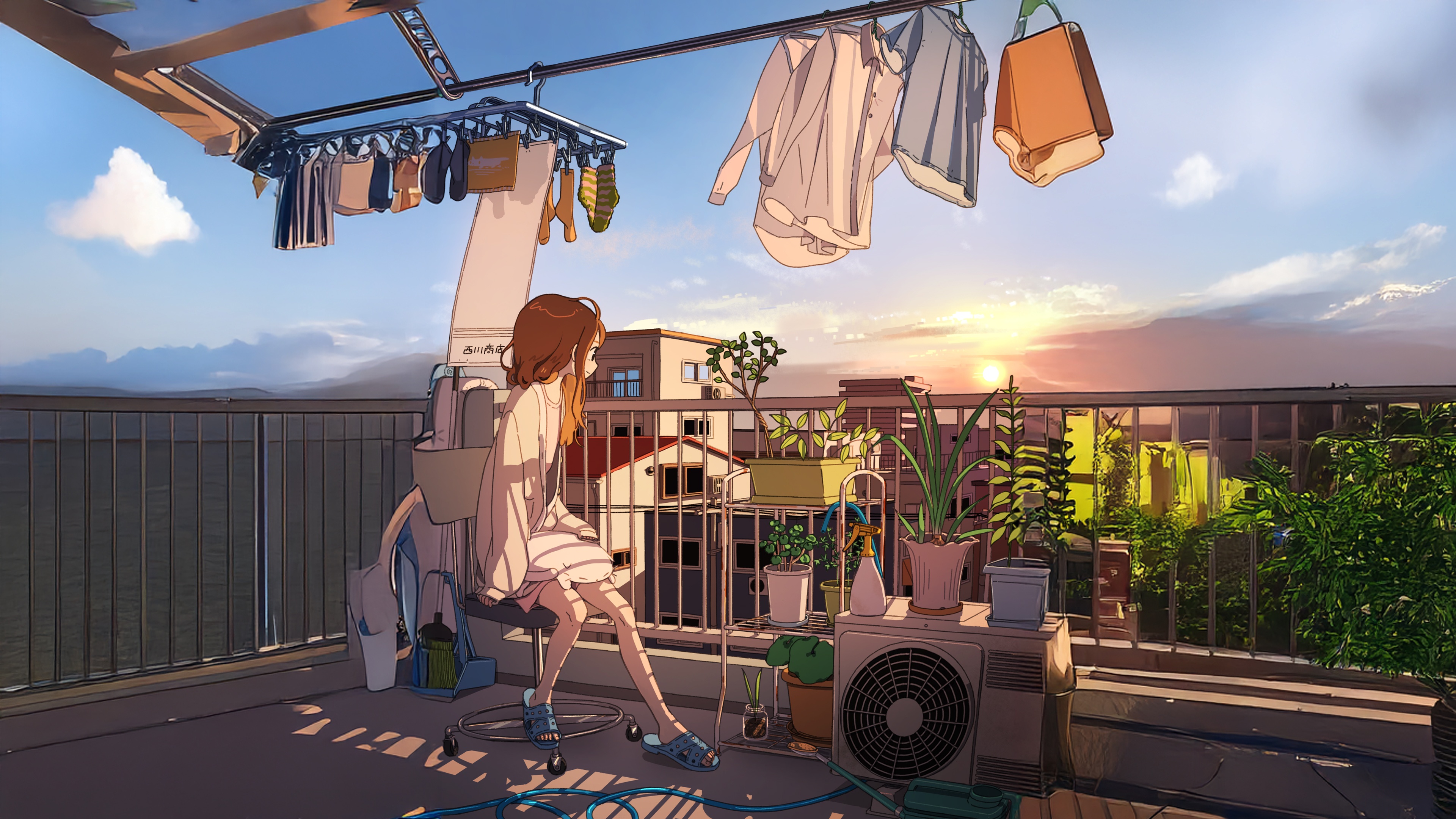 Girl on a balcony watching the sunset HD Wallpaper