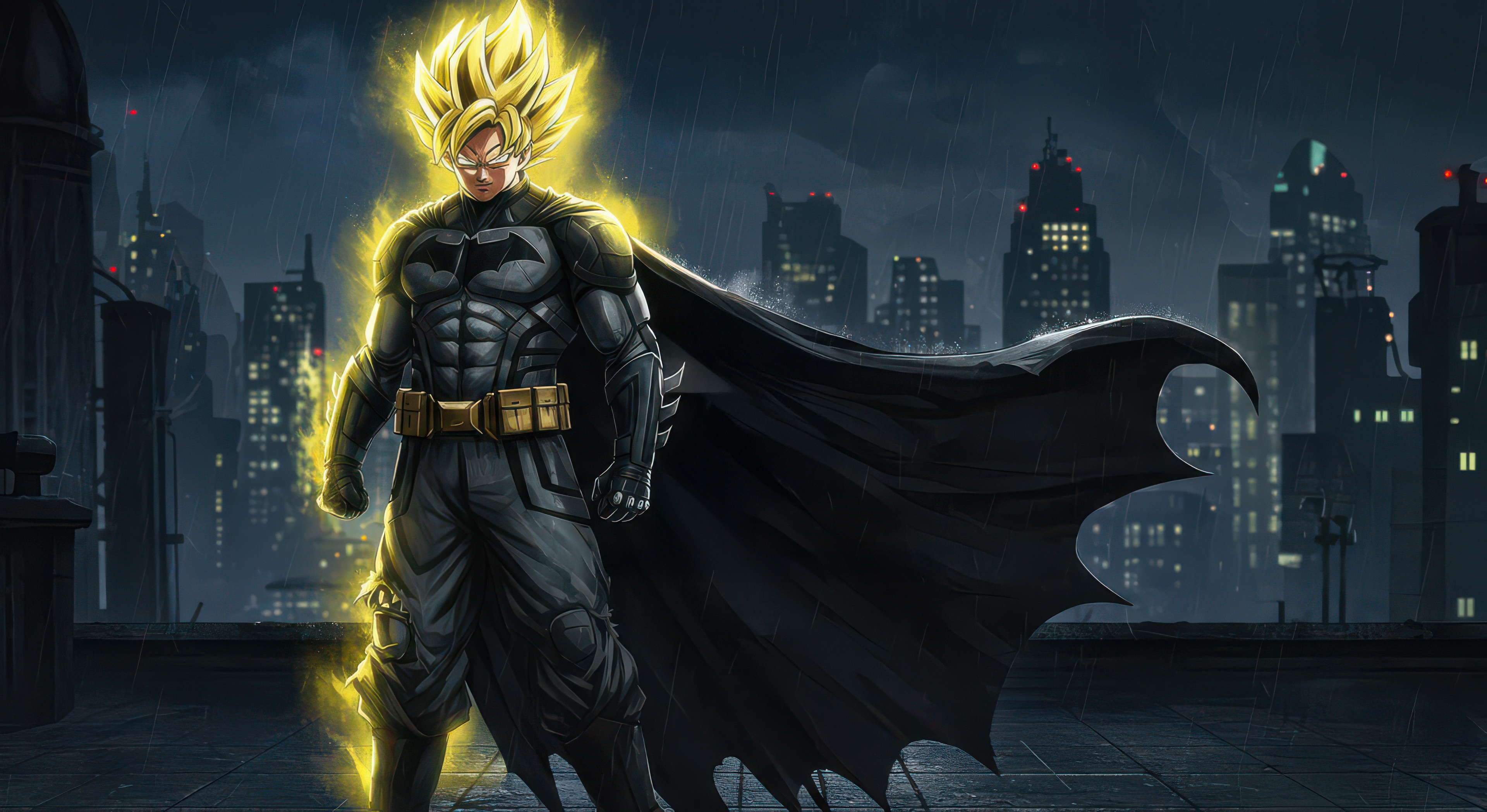 Super Saiyan Goku as Batman in Gotham City HD Wallpaper