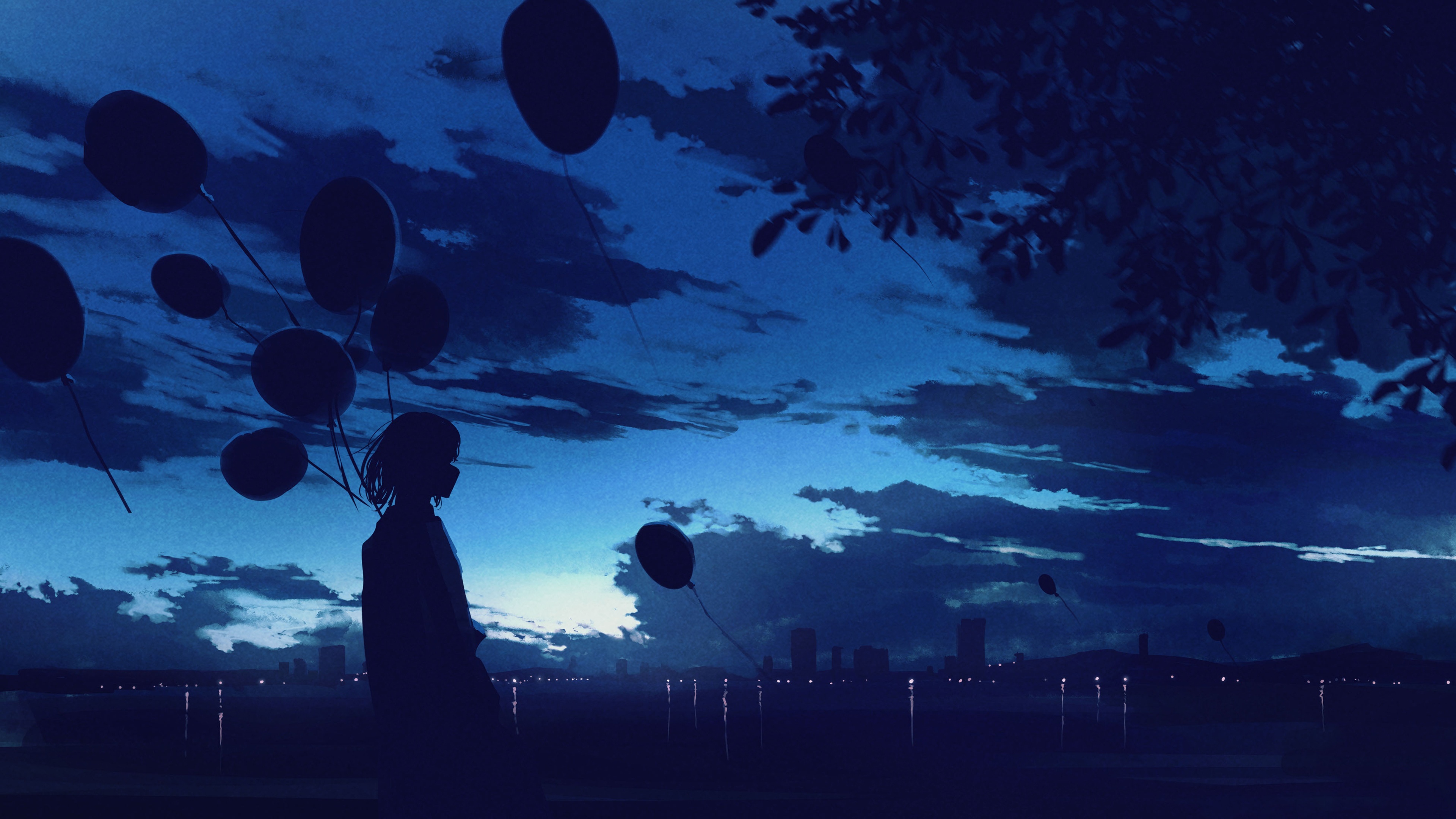 Girl with balloons at dusk over city HD Wallpaper