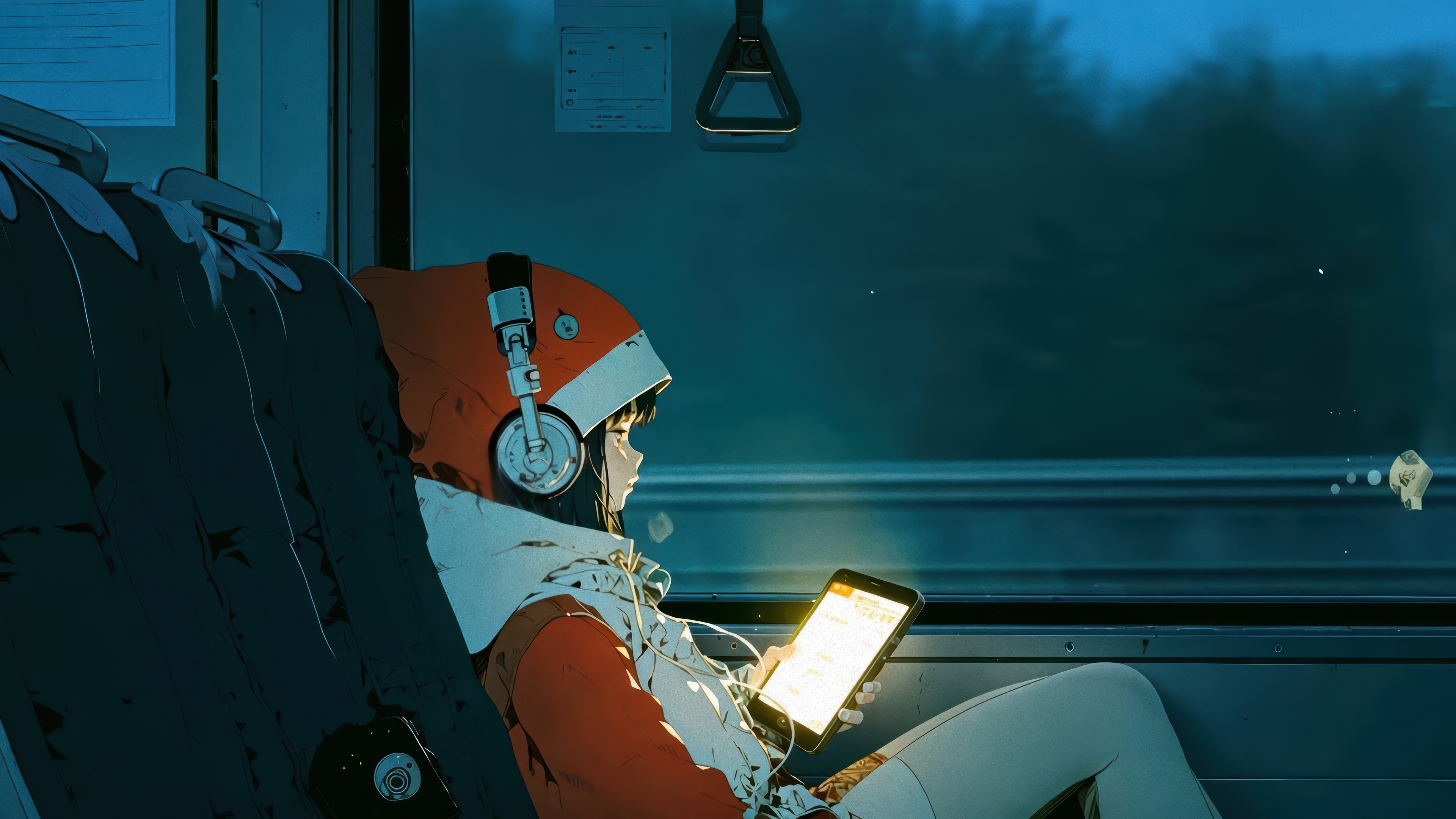 Girl with Santa hat on a train at night HD Wallpaper